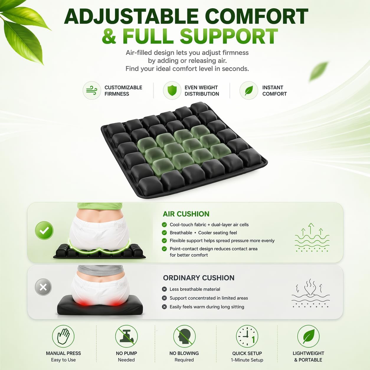 Inflatable Travel Seat Cushion for Airplane, Press-to-Inflate Air Cell Cushion, Portable & Foldable for Long Sitting, Car, Office, Wheelchair (30-Cell Air Cushion (Hollow Center))