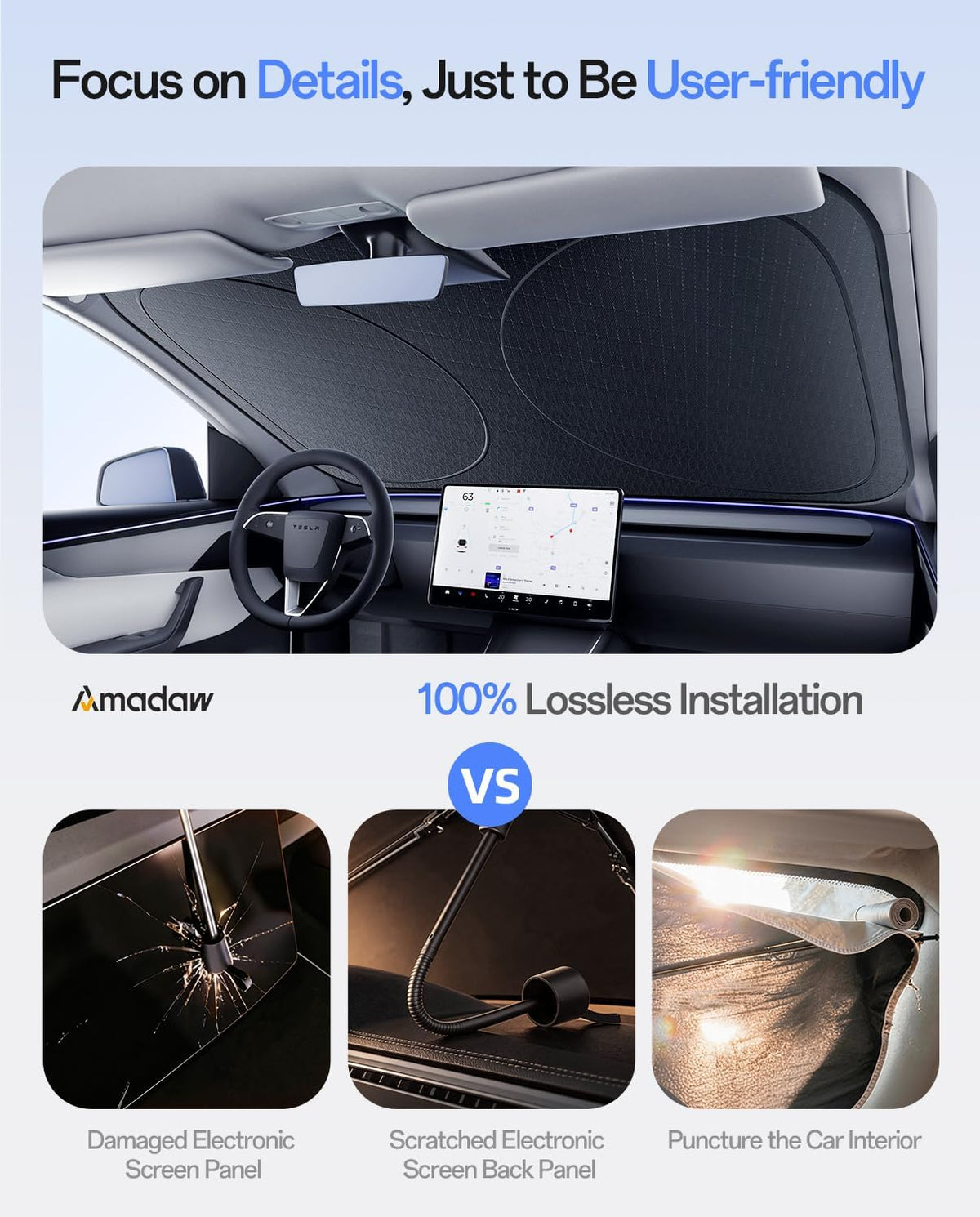Windshield Sun Shade for Tesla Model Y 2020-2026 (Include Juniper), 100% UV Block & Heat Insulation, Custom Fit Sunshade, Foldable Car Sunshade with Storage Bag, Protect Interior Accessories