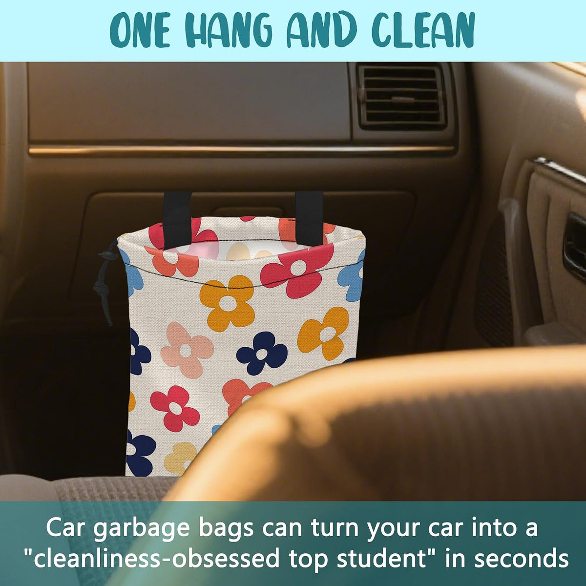 Car Garbage Bag Retro Colorful Flowers Drawstring Car Trash Bag Hanging for Back Seat with Adjustable Buckle Canvas Vehicle Trash Can Easy-to-Install