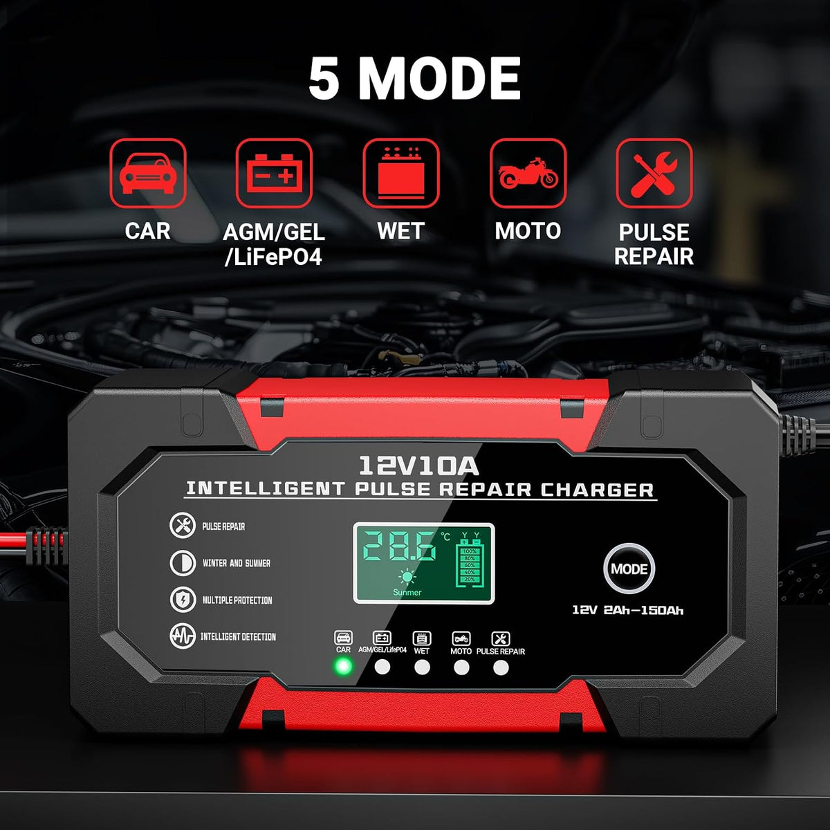 Car Battery Charger 12V 10A Smart Trickle Charger Fully Automatic