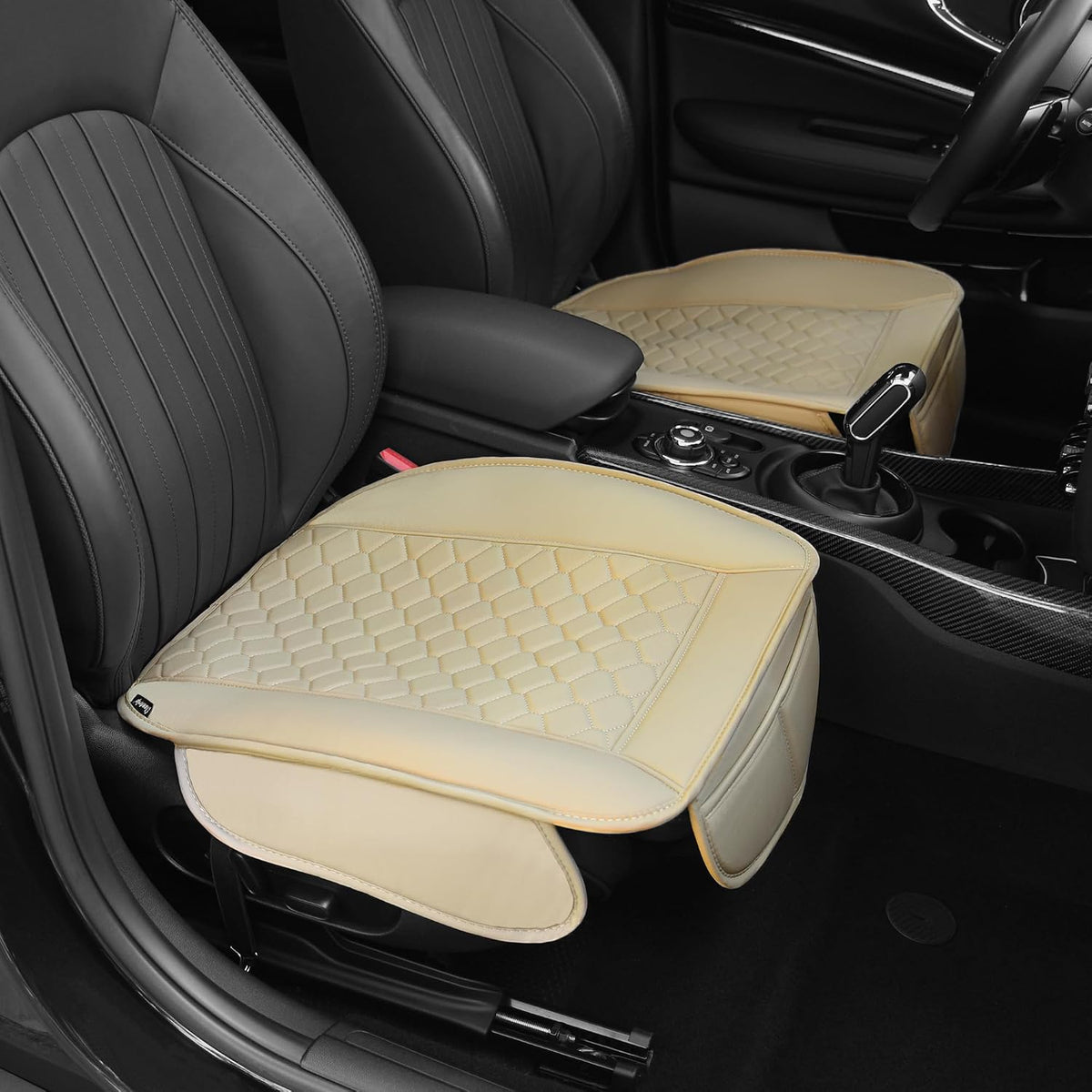 Elantrip 2 Pcs Faux Leather Beige Car Seat Covers with Padded Comfort and Storage Pockets Waterproof, Anti-Slip, Full Wrap Protection - Premium Interior Protectors for Cars, Trucks, SUVs