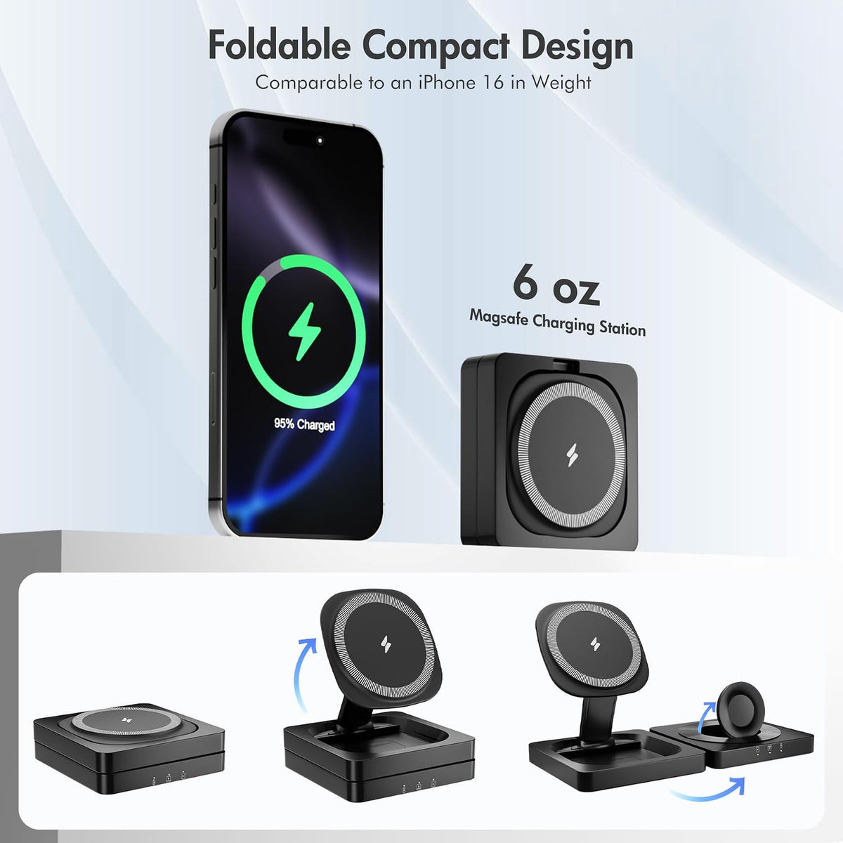 3-in-1 Foldable Magnetic Wireless Charger,15W Fast Charging Pad for Travel