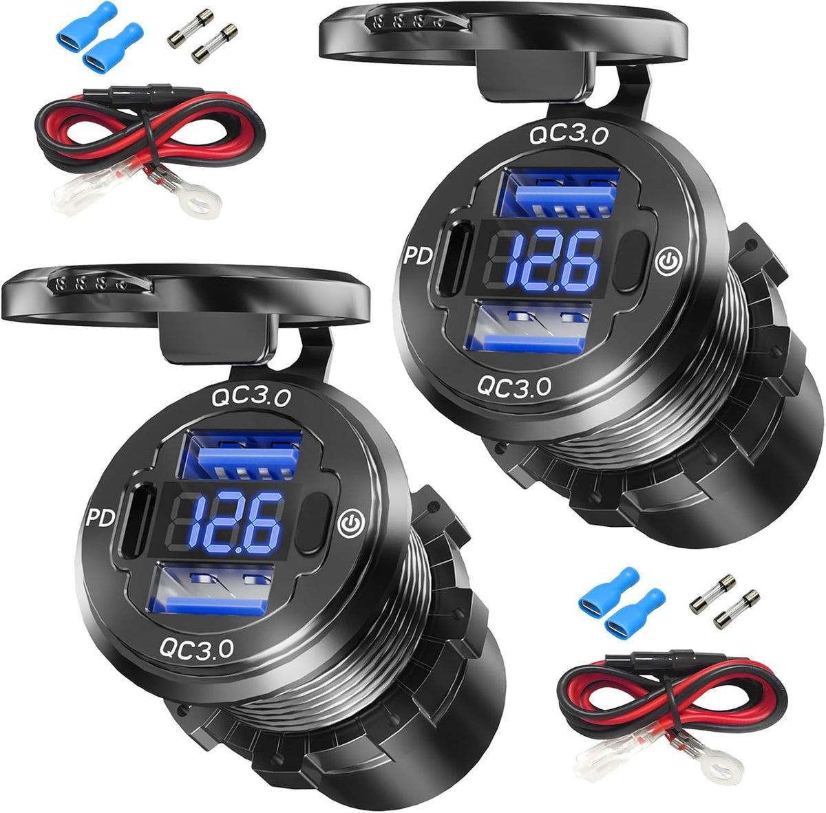 Dual PD USB C Ports & Dual Quick Charge 3.0 Ports Car Charger Socket, VANONE Aluminum Alloy Waterproof 12V USB Outlet, Accessories for Car Boat Marine Motorcycle RV ATV Truck Golf Cart, etc