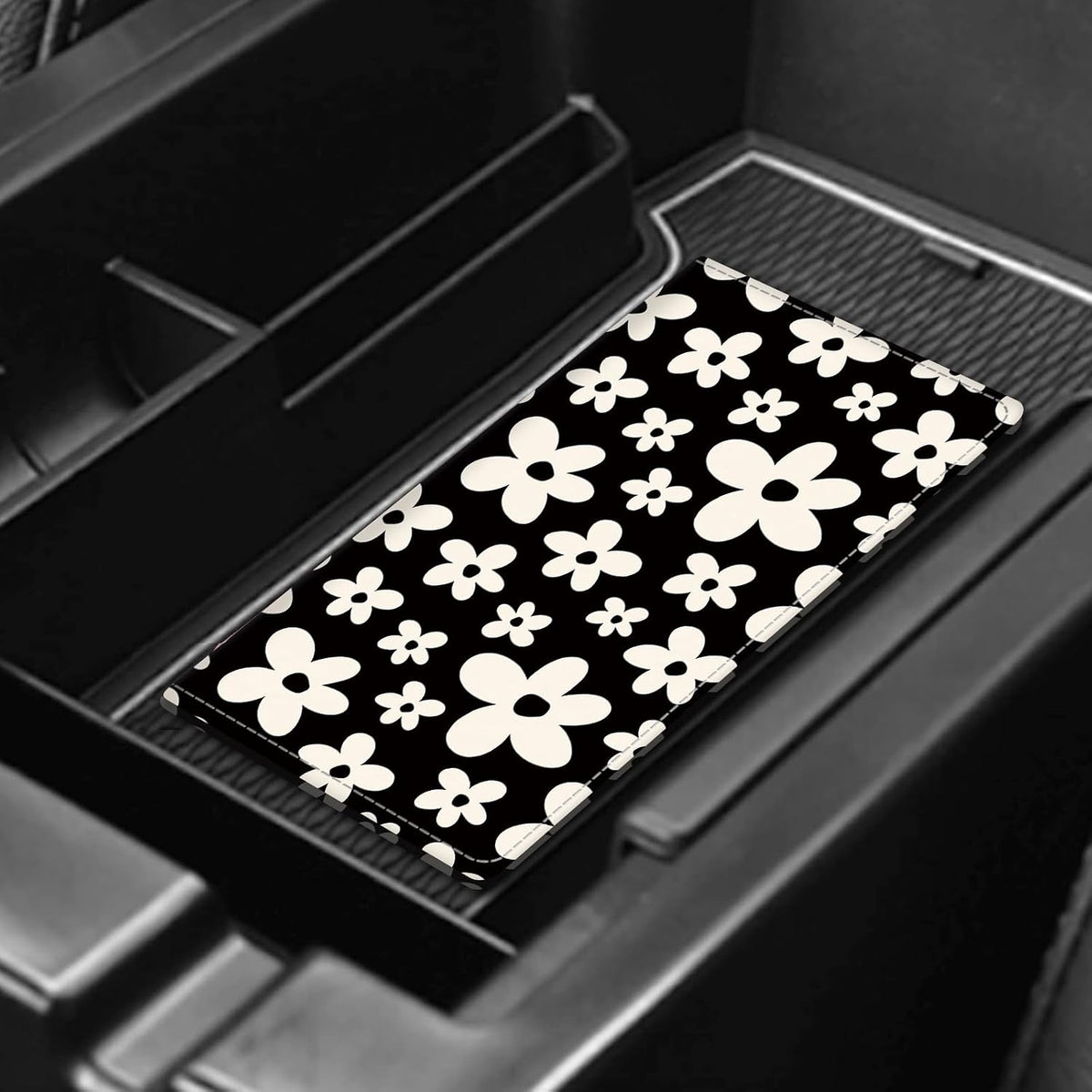 Leather Car Registration and Insurance Card Holder, Cute Car Accessories Vehicle Glove Box Car Organizer for Documents, Cards, License Black White Flowers