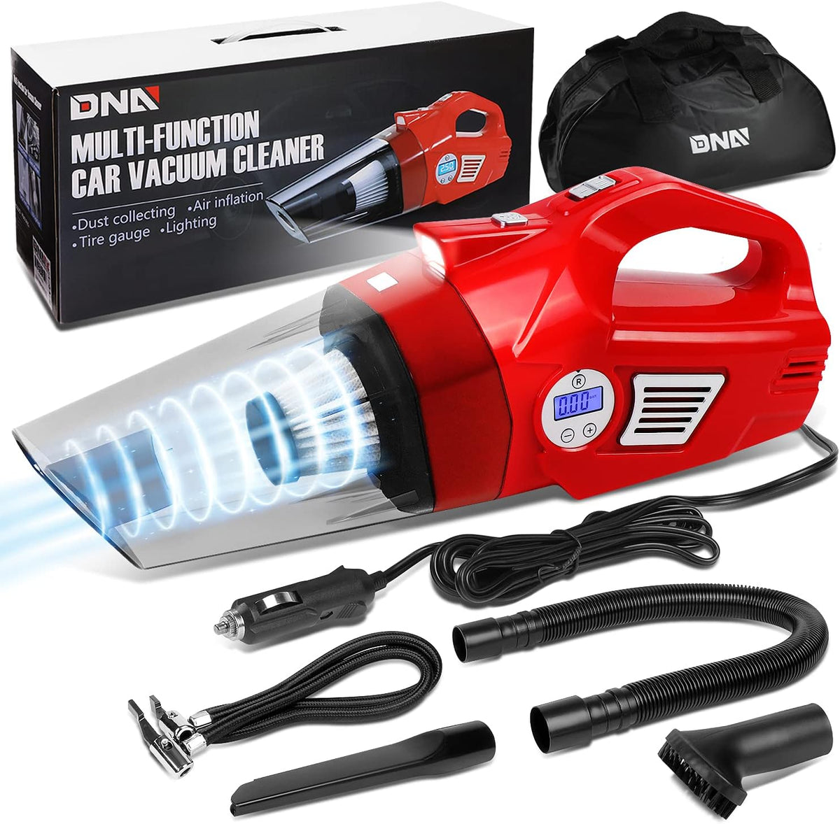 DNA MOTORING TOOLS-00182 Portable Handheld High Power Mini Corded 2 in 1 Vacuum Cleaner, Air Compressor w/Digital Tire Pressure Gauge & LED Light, Car Cleaning Kit,Red