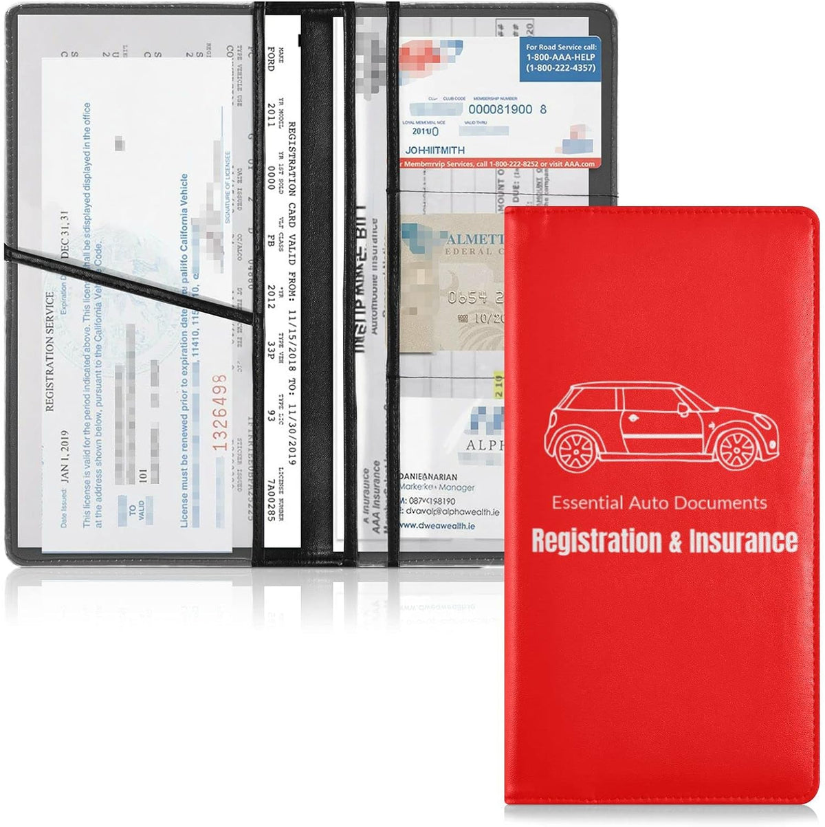 Custom Car Registration and Insurance Card Holder Personalized Leather Glove Box Organize Men Women Wallet Accessories Case for Cards, Essential Document Driver License Red