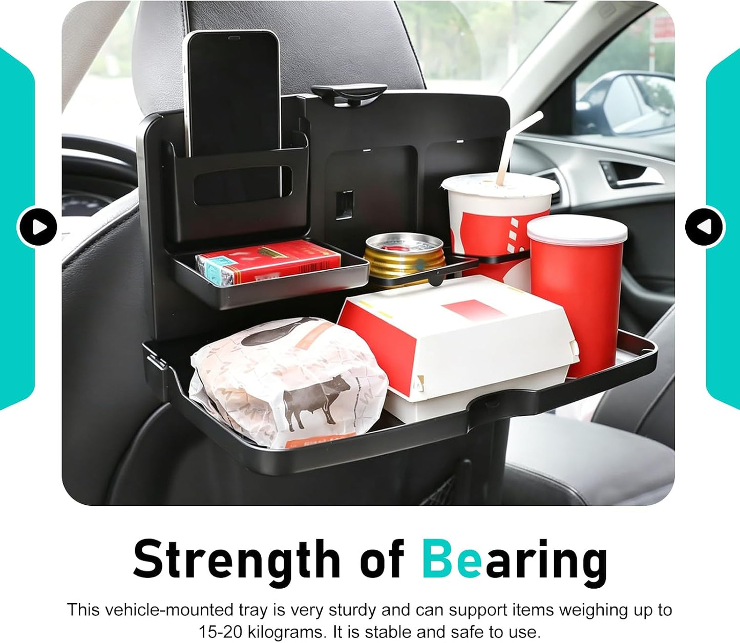 Car Food Tray Holder, Multifunctional Foldable Car Backseat Travel Tray, 13.38" x 7.87" Back Headrest Seat Eating Food Trays, for Food, Meal, Snack, Drinks (Black)