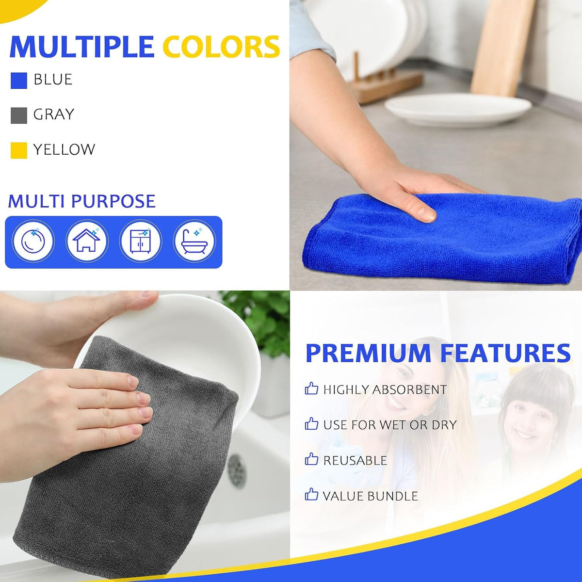 Nuenen Car Microfiber Clean Cloths, Yellow,Gray,Blue, 16 x 16 Inch, 60 Pcs
