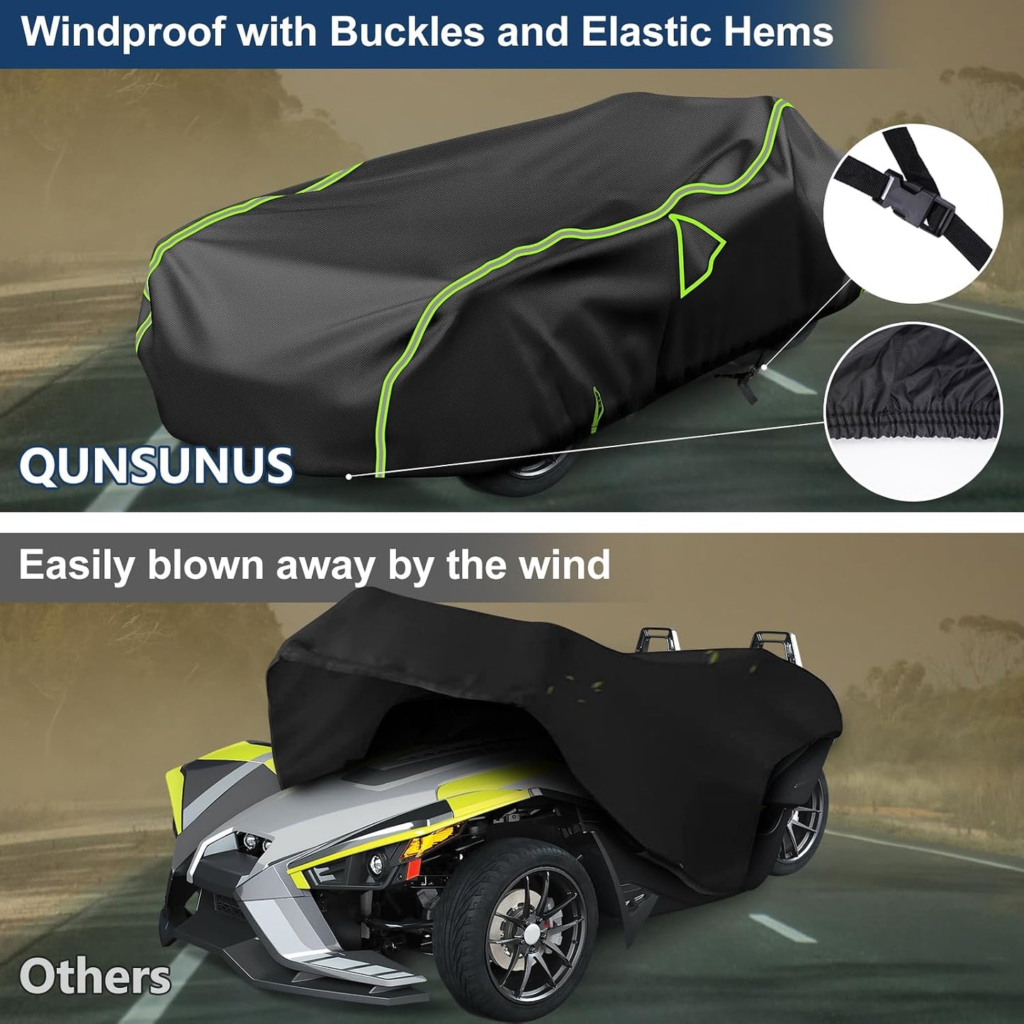 QUNSUNUS Cover for Polaris Slingshot 2015-2026, Waterproof Slingshot Cover with Air Vent, All Weather Cover with Straps and Elastic Edges for Wind, Sun, UV and Dust Protection