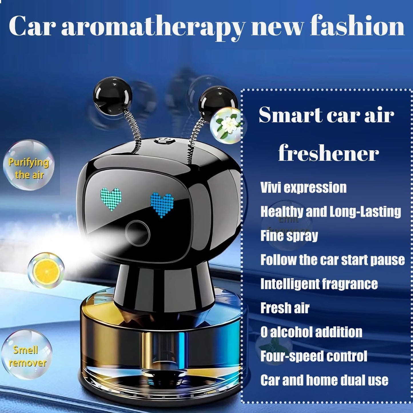 Robot Intelligent Aromatherapy Machine, Smart Cute Robot Car Air Freshener - Fine Spray/Fillable/Four-Gear Adjustment/Vibration Sensing/On-Off/Large Capacity Long-Lasting Fragrance/Black-V2(Cologne)