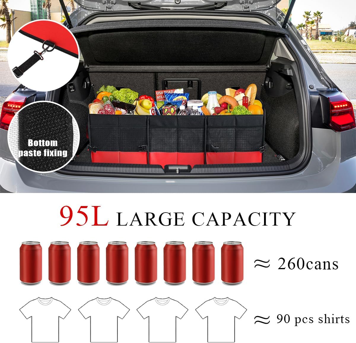 povtii Large Organizer for Car, 95L Stretchable Storage Trunk Organizer with Divided Compartments, Fixed Big Trunk Organizer with Handles & Adjustable Straps, Car Accessories (Black & Red)