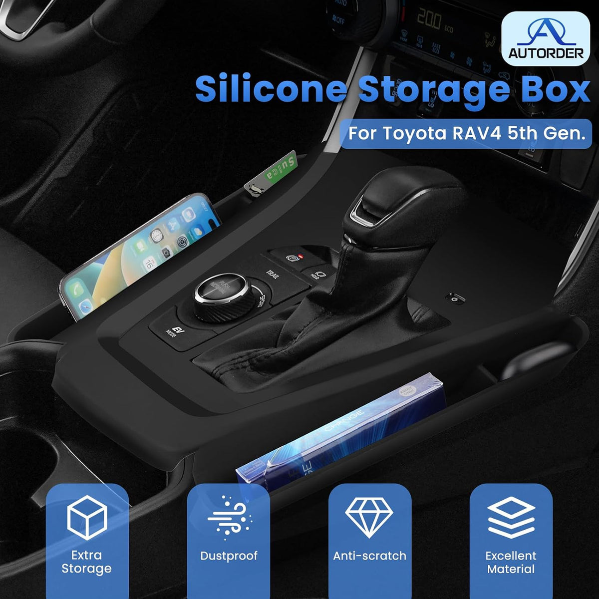 Autorder Silicone Center Console Organizer for 2019-2025 Toyota RAV4 Accessories Seat Gap Storage Box Soft Gear Shift Panel Trim Cover