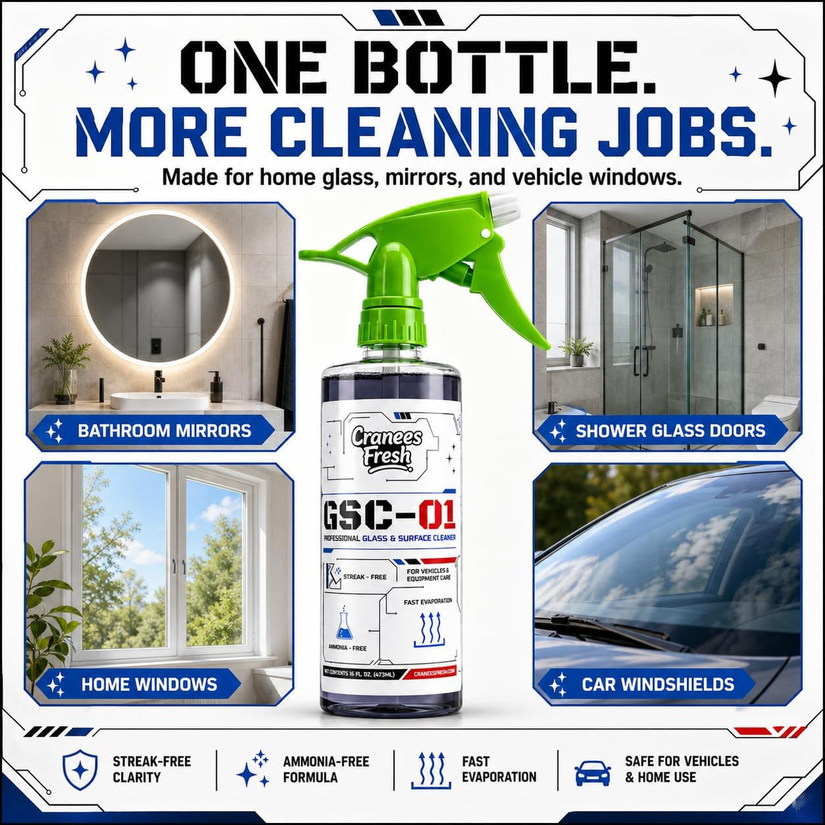 Glass & Surface Cleaner Spray, Streak-Free, Ammonia-Free, Tint Safe, Made in USA Car, Home, Shower Glass, Mirror & Multi-Surface Cleaner with Leak-Resistant Sprayer (16oz) | Streak Free Window Cleaner, Ammonia Free, Tint Safe, Fast Evaporating Formula