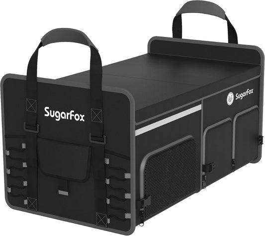 SugarFox Bold Color Block Trunk Organizer, Foldable with 26L Ice Pack,95L Dedicated Shoe Space, Stylish for SUV/Car (Black, Midsize)