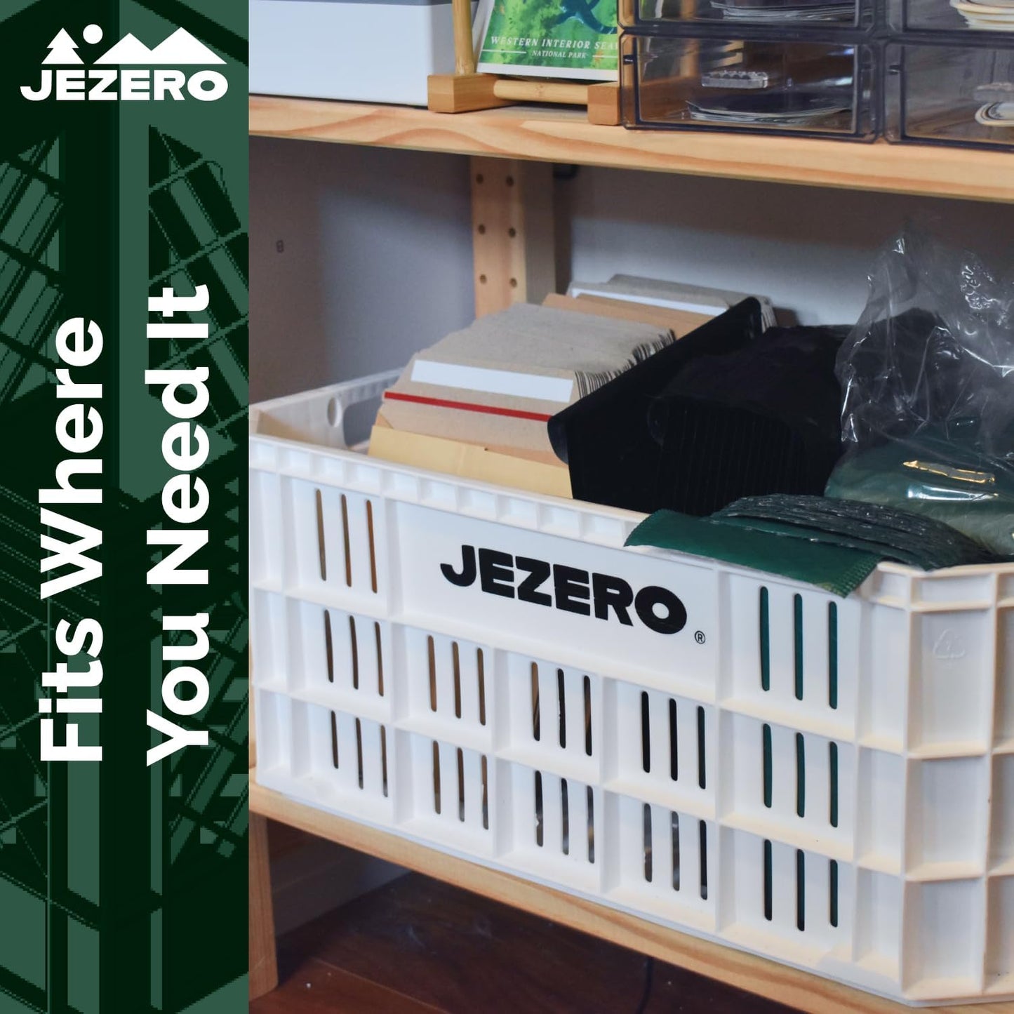 JEZERO Harvest Storage Crate | Stackable Plastic Tote Box for Fruit & Vegetables, Kitchen, Pantry, Closet, Car & Outdoor Use | Open Utility Bin, White, 6-Pack, 20" x 12" x 8"