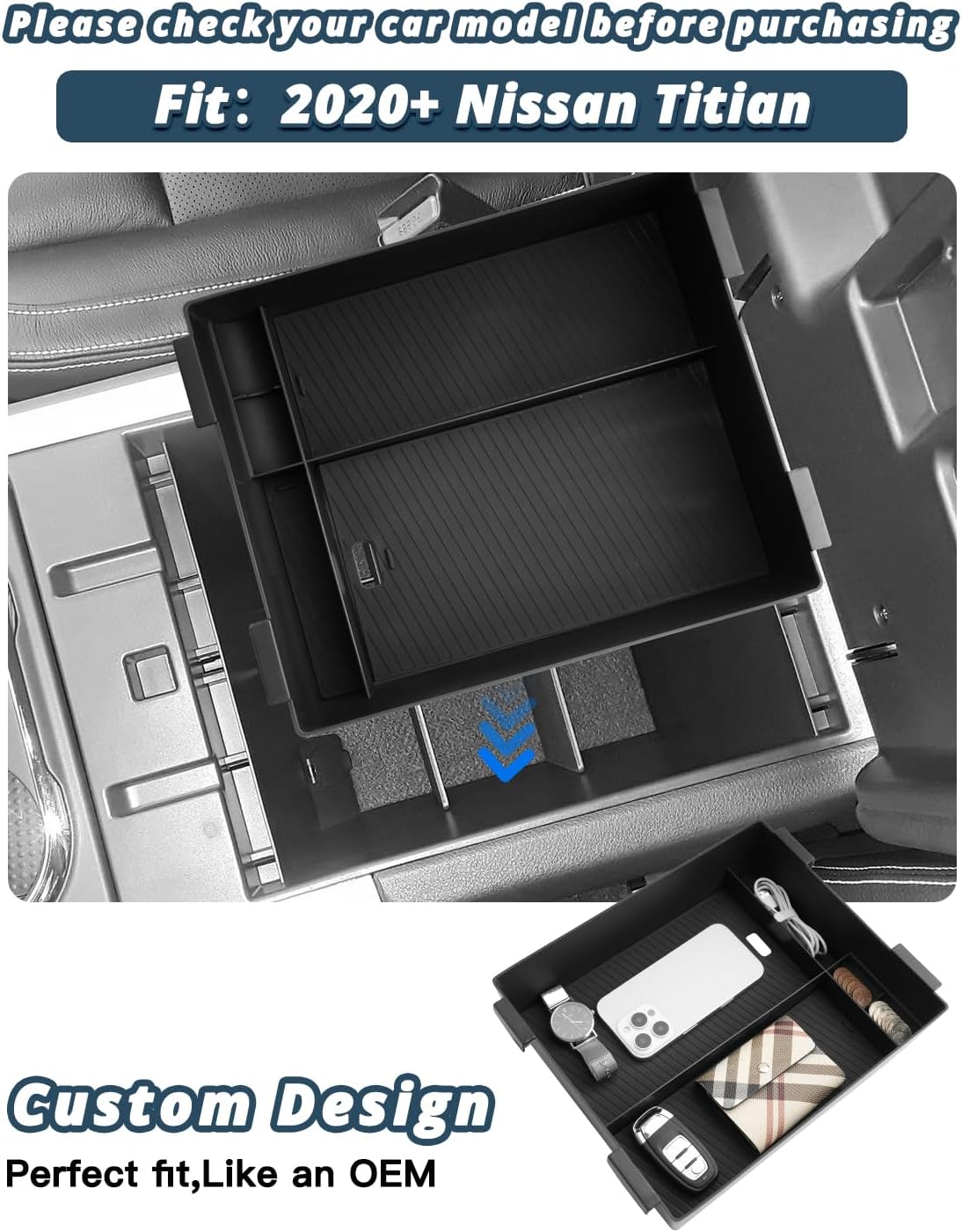 Ruiya 2016-2024 Titan Center Console Organizer for Nissan Titan Accessories ABS Material Armrest Console Organizer Compatible with 2016-2021 2022 2023 2024 Nissan Titan S/SV/Pro-4X/Platinum Reserve