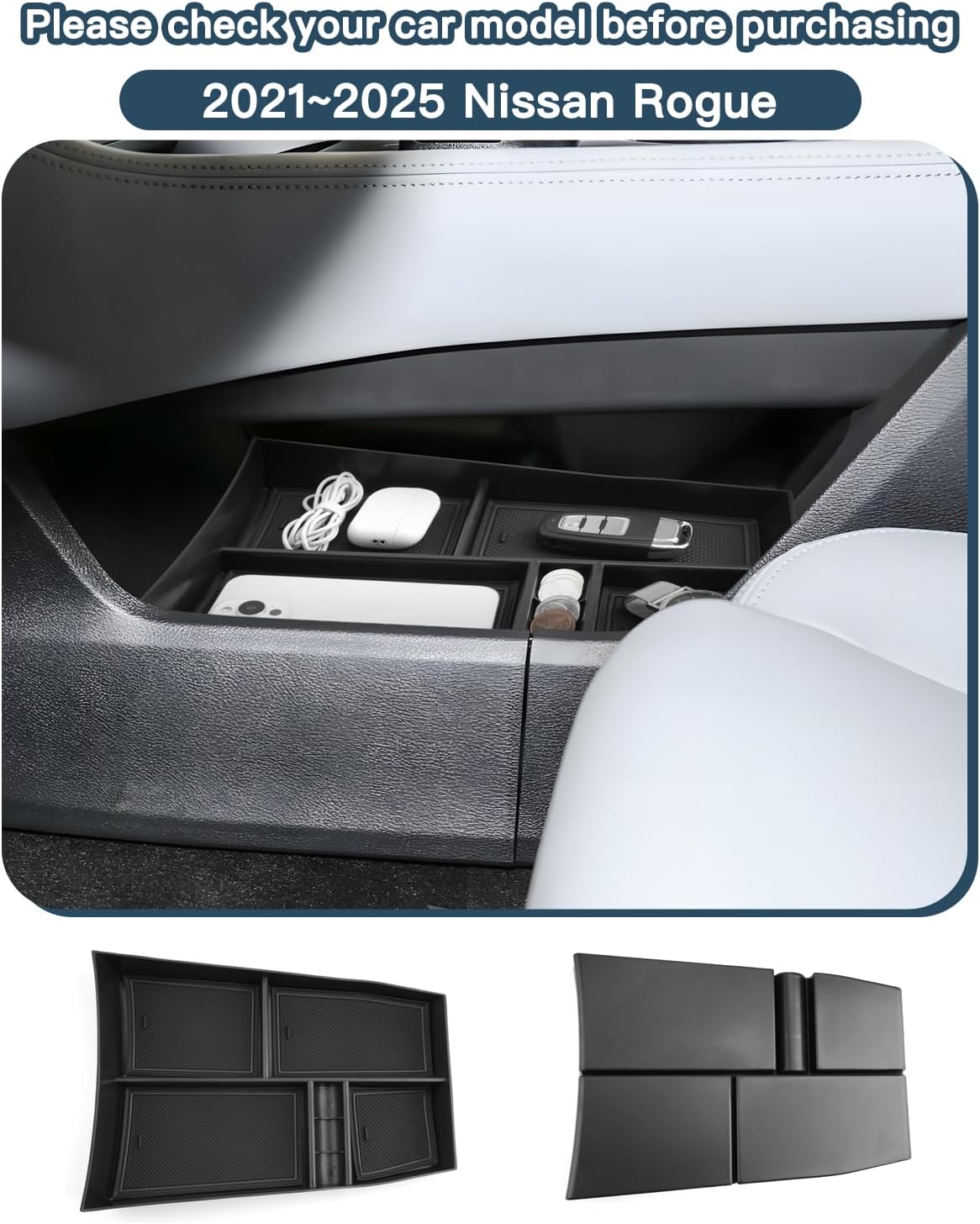 Ruiya Lower Center Console Organizer Tray Compatible with 2021-2026 Nissan Rogue S/SL/SV/Platinum Under Armrest Storage Box Nissan Rogue Interior Accessories with Coin Holder