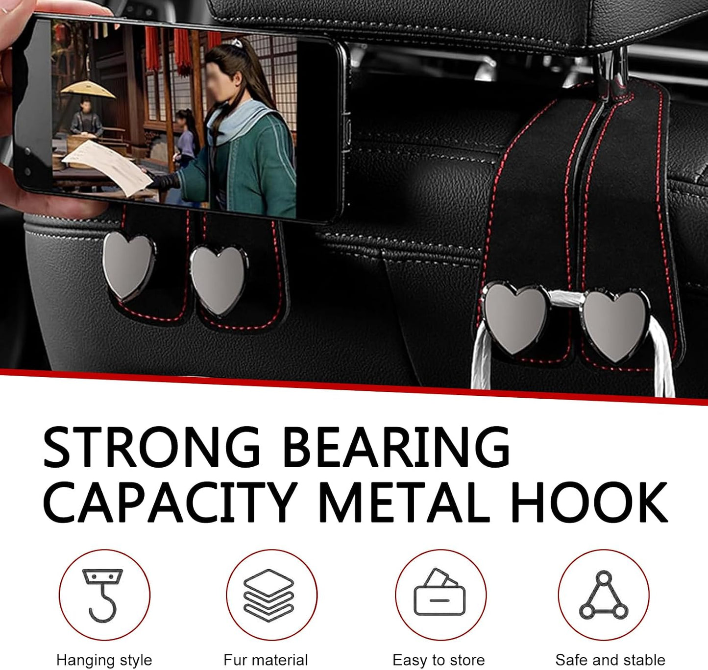 Car Hooks for Headrest, Luxurious Leather & Metal Multifunctional Anti-Slip Vehicle Hooks - Holds Bags, Umbrella, Wallet, Glasses | Universal Car Interior Storage Organizer (Black)