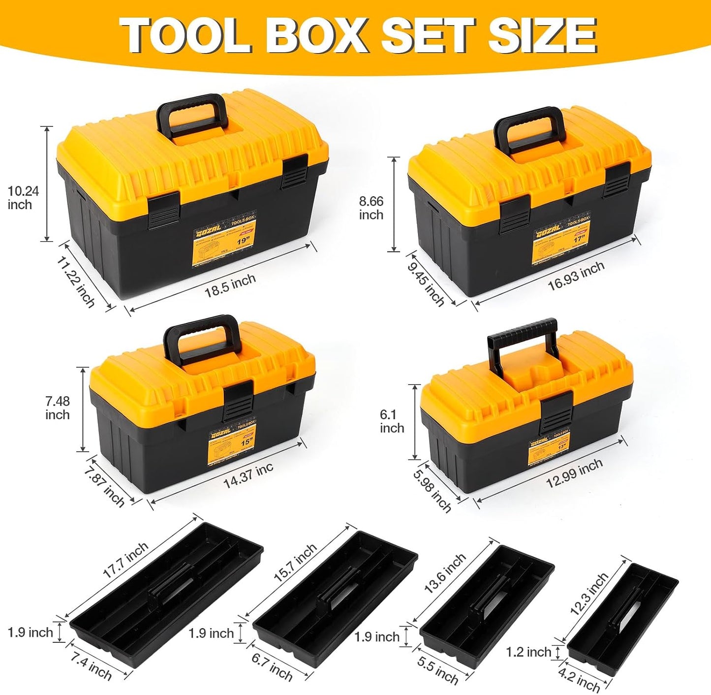 Stackable Portable Tool Box Set, 4 Nested Heavy Duty Boxes, 13-19 Inch | Workshop, Home, Removable Trays, Portable Design, Nesting Boxes, 70% Space Saving, Modular Storage, cajas de herramientas