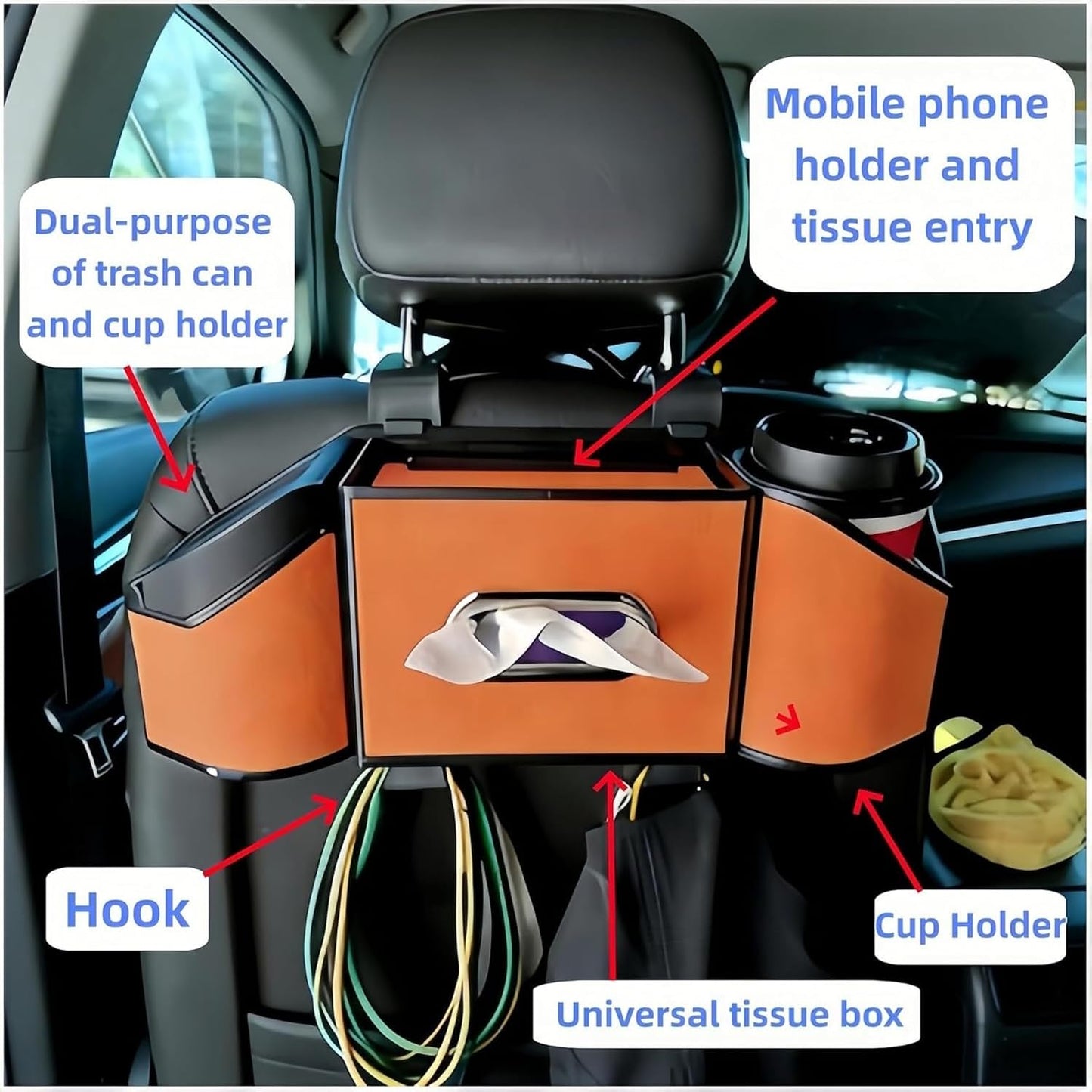 Car Back Seat Organizer, Car Tissue Holder, Cup Holder for Car - 2026 Upgrade 4-in-1 Leather Organizer & Storage Box for Phone, Snacks, Drinks, Handbag. Keep Your Ride Clean (Black)