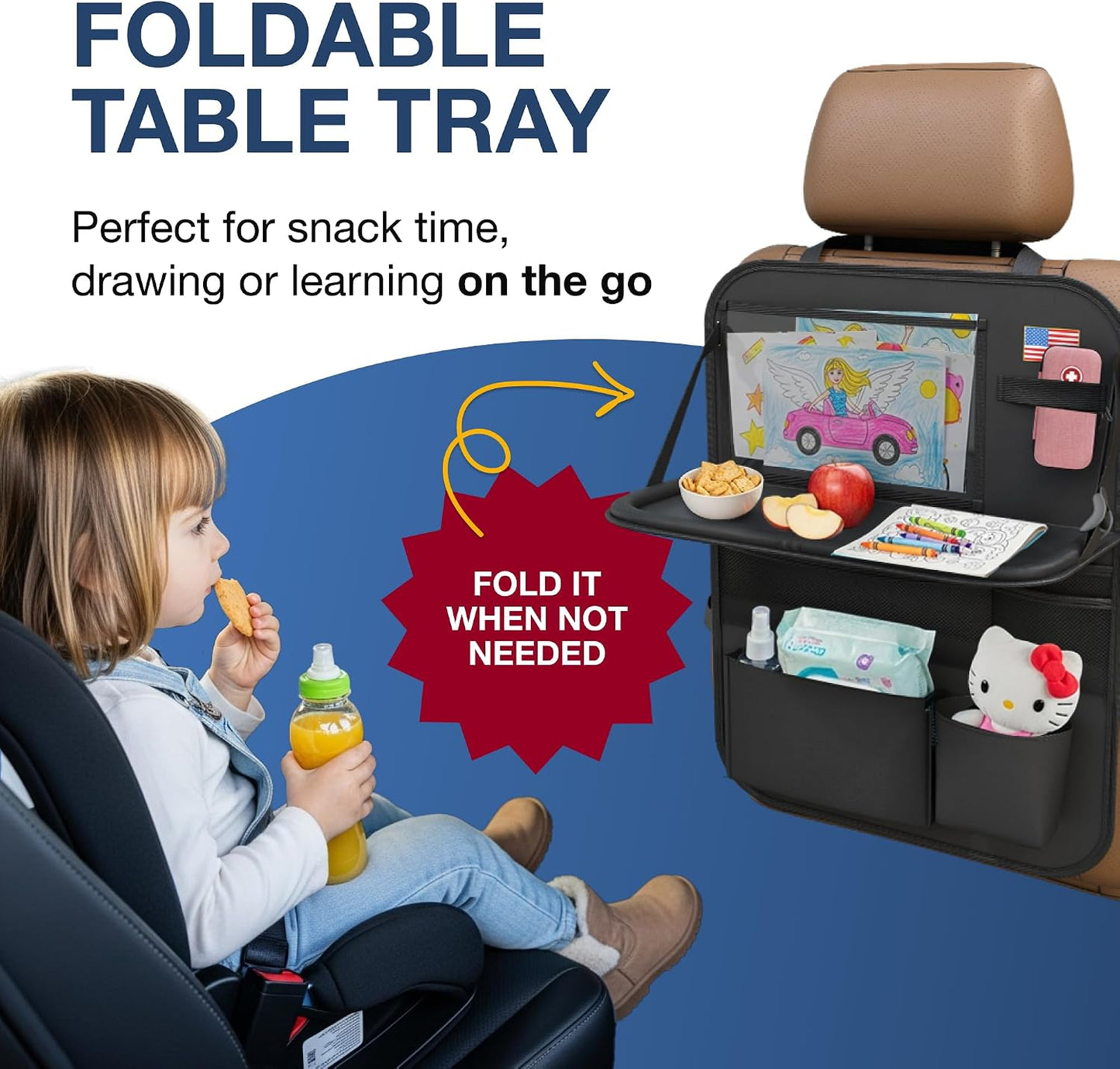 Car Backseat Organizer with Tablet Holder (2-pack) - Updated 2025 Oxford 600D Car Storage Organizer, Foldable Car Tray Kids, Road Trip Essentials, Back Seat Protector Kick Mats, Travel Accessories