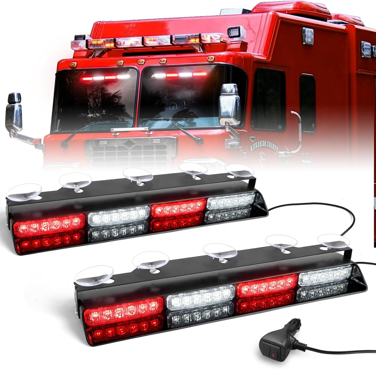 HLauto 6Z4J Emergency Dash Strobe Lights: 2x16.8 inch Red Blue Safety Lights, 48 LED Flashing Warning Hazard Interior Windshield Visor Traffic Light Bar for Trucks, Construction Vehicles
