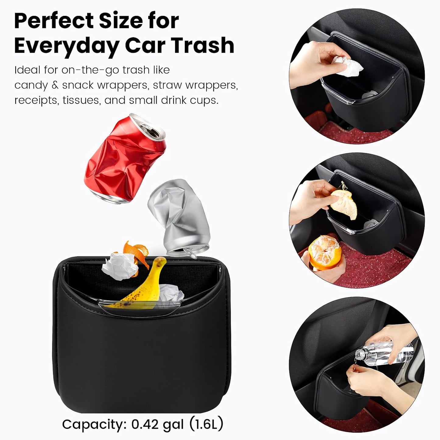 1797 Car Trash Can for Back Seat, Automotive Garbage Bin Clip on Front Seat Back, PU Leather with Leakproof Removable Plastic Liner, 0.42 Gallon Capacity for Small Trash