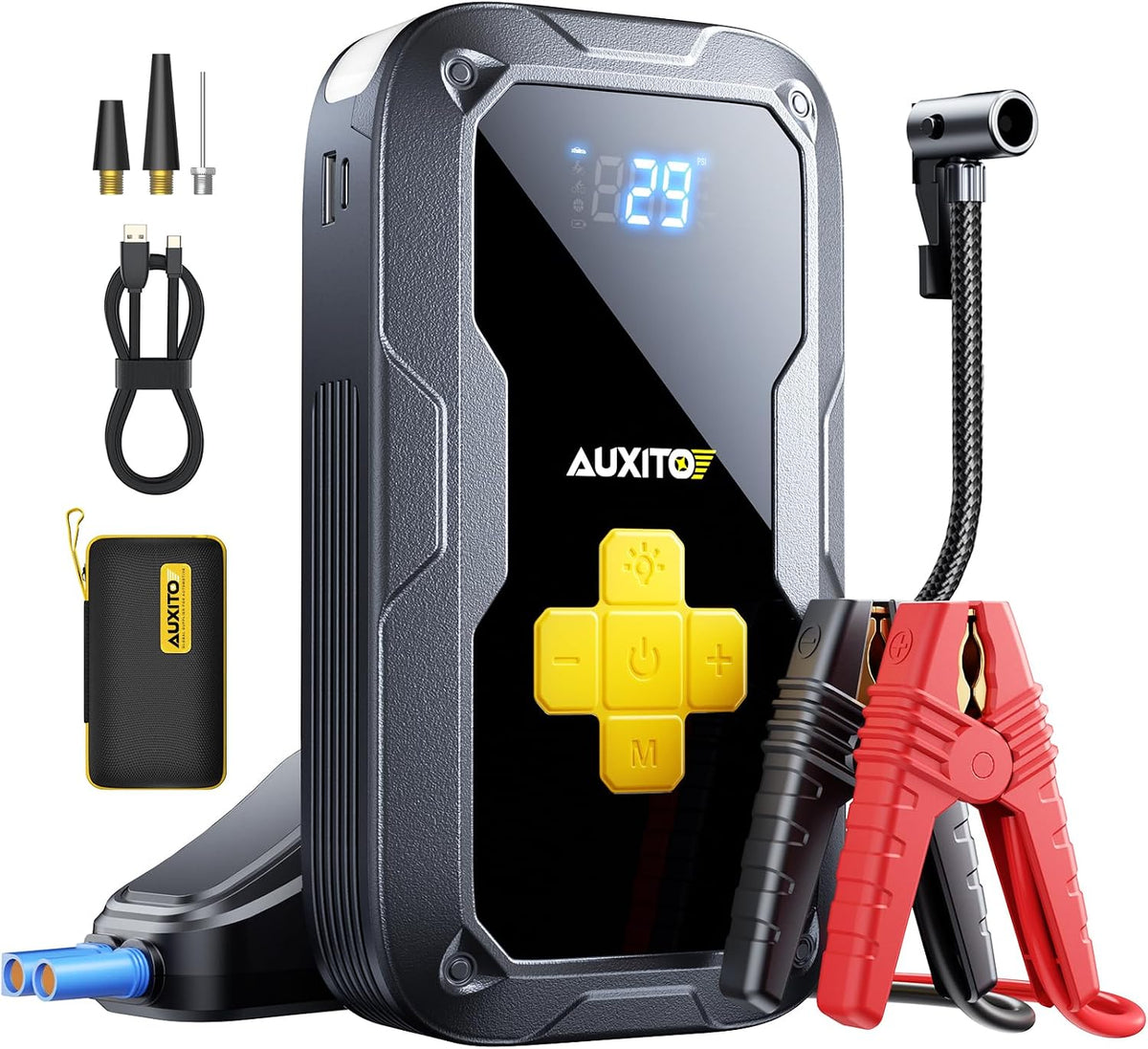 AUXITO Portable Jump Starter with Air Compressor, 6000A Tire Inflator and Battery Jumper, 150PSI Fast Inflation, for All 12V Vehicle, 7-in 1 Emergency Power Bank with LED Light & SOS