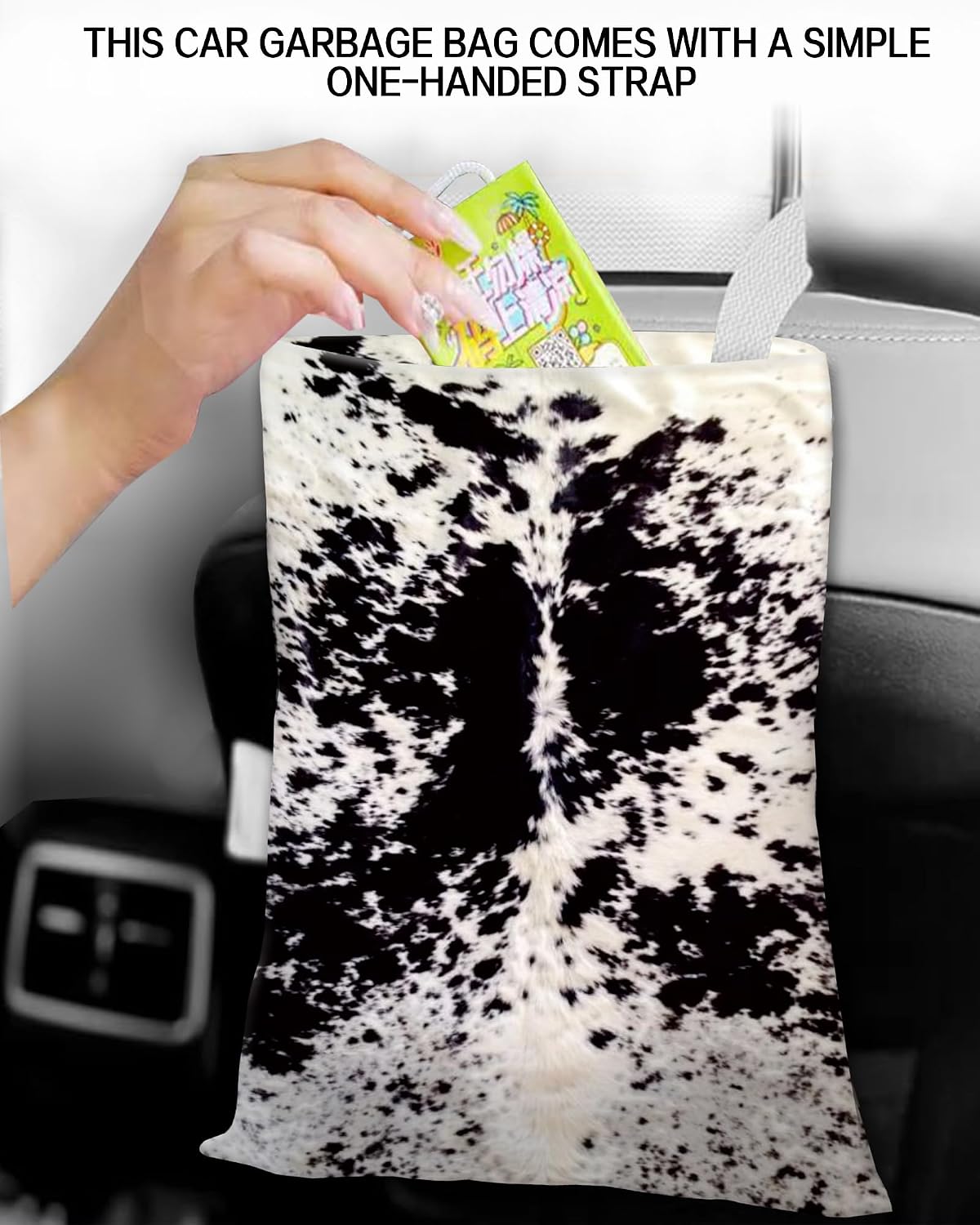 Hanging Car Trash Can Bag - Black & White Cowhide, Retro Design, Back Seat Organizer for Travel, Camping & Vehicle Accessories
