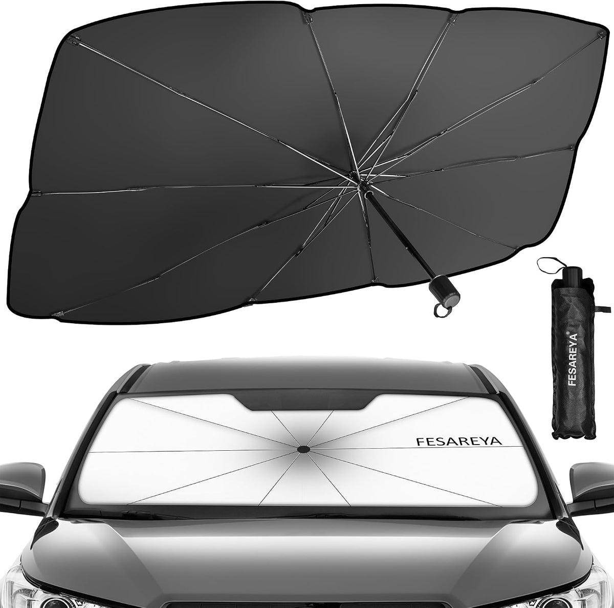 Windshield Sun Shade Foldable Umbrella, Sun Shade for Car Windshield, Car Window Shades [Silver Heat Shield - UV Reflective] Universal Fit Medium (56"x31")