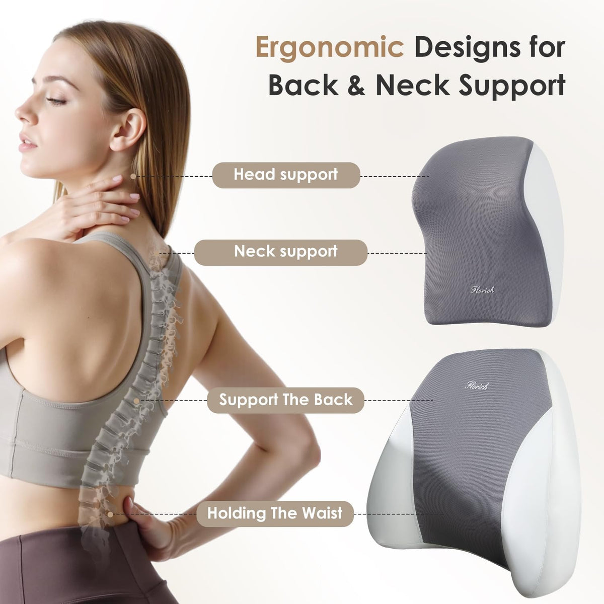 FLORICH Lumbar Support and Car Neck Pillow, Back Support and Headrest Pillow for Car Seat Driver, Memory Foam Back Neck Support Pillow and Car Seat Lumbar Support for Car Office Chair - Gray