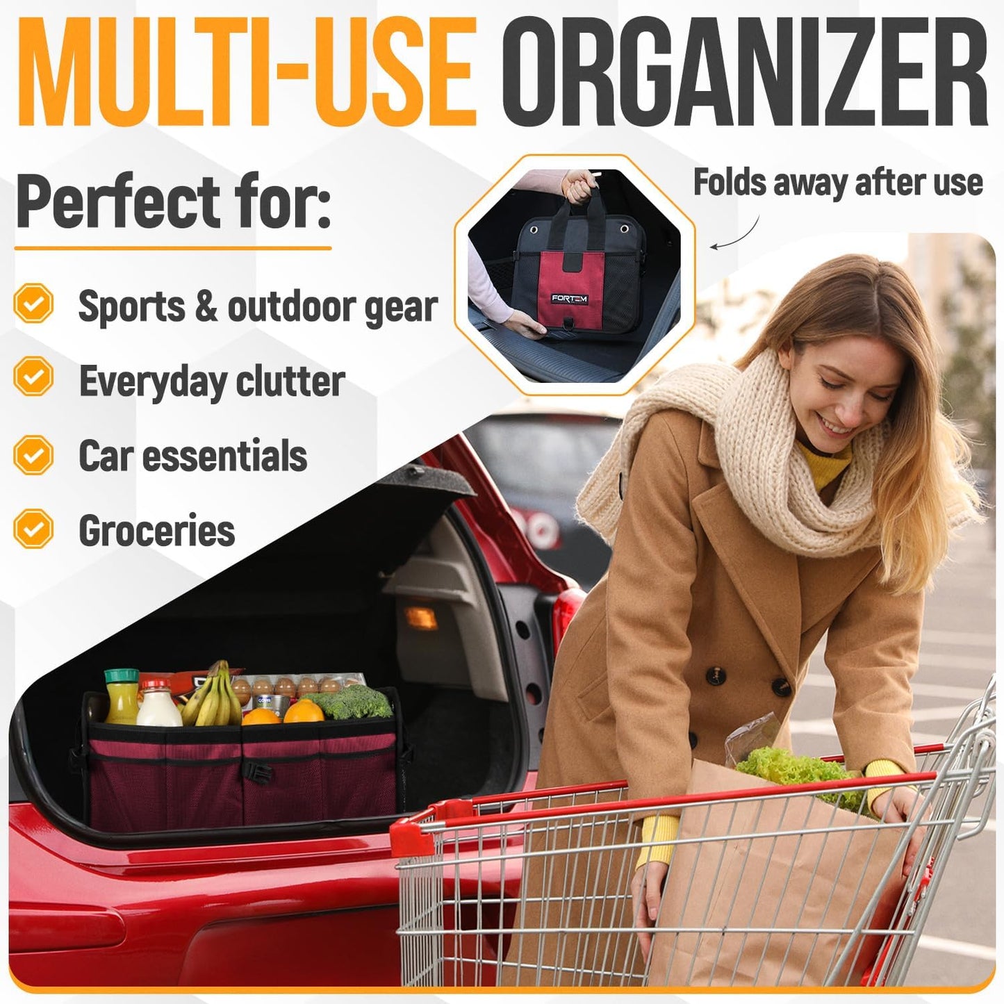 FORTEM Trunk Organizer For SUV Car Organizer and Storage, Collapsible Multi-Compartment Storage Bag Car Accessories for Women Men, 1680D Oxford, Non Slip Bottom, Adjustable Straps, Soft Cover (65L)