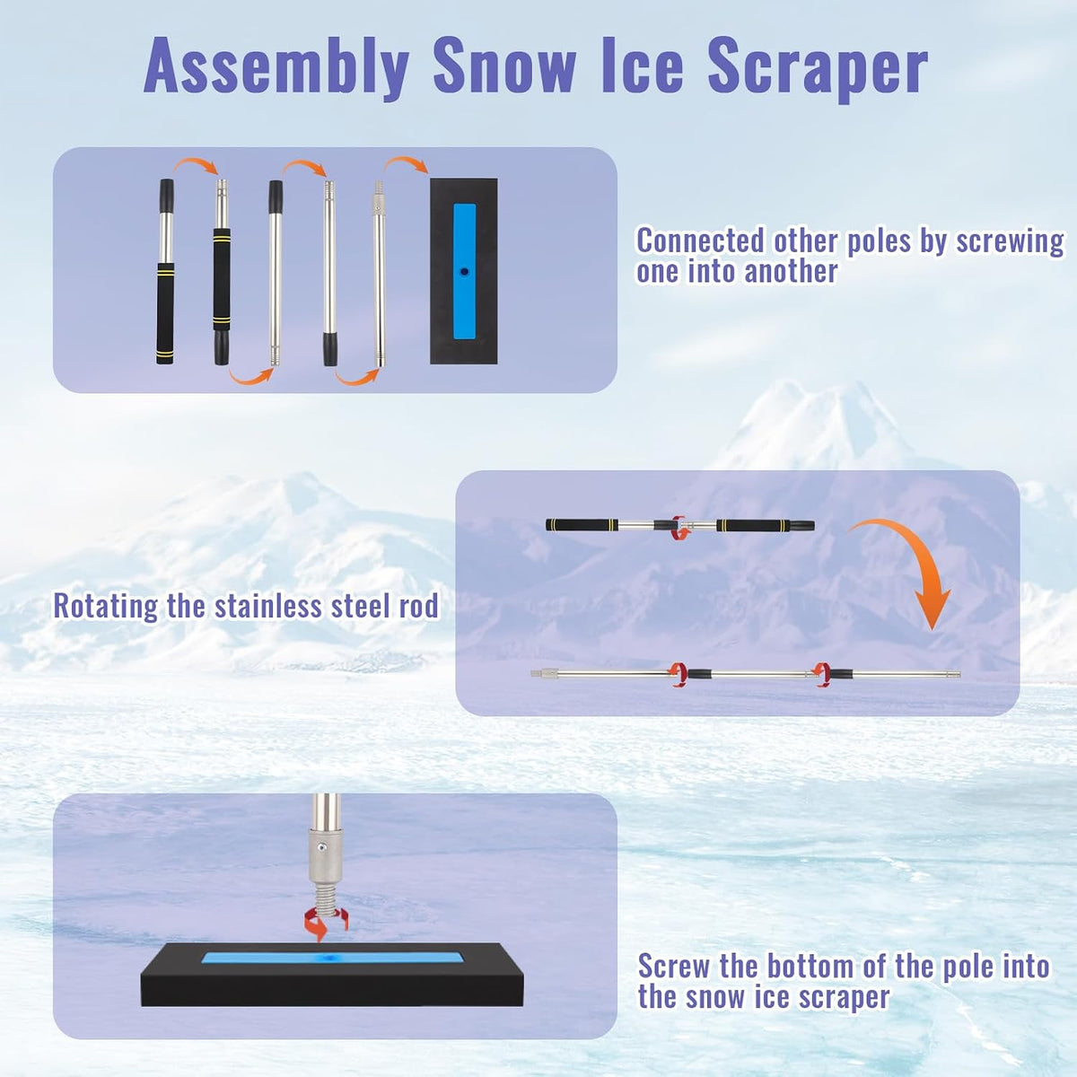 Sectional Snow Pusher Ice Scraper 74.80 Inches Collapsible Shovel Stainless Steel Foam Grip with Bag for Car Truck Sidewalk