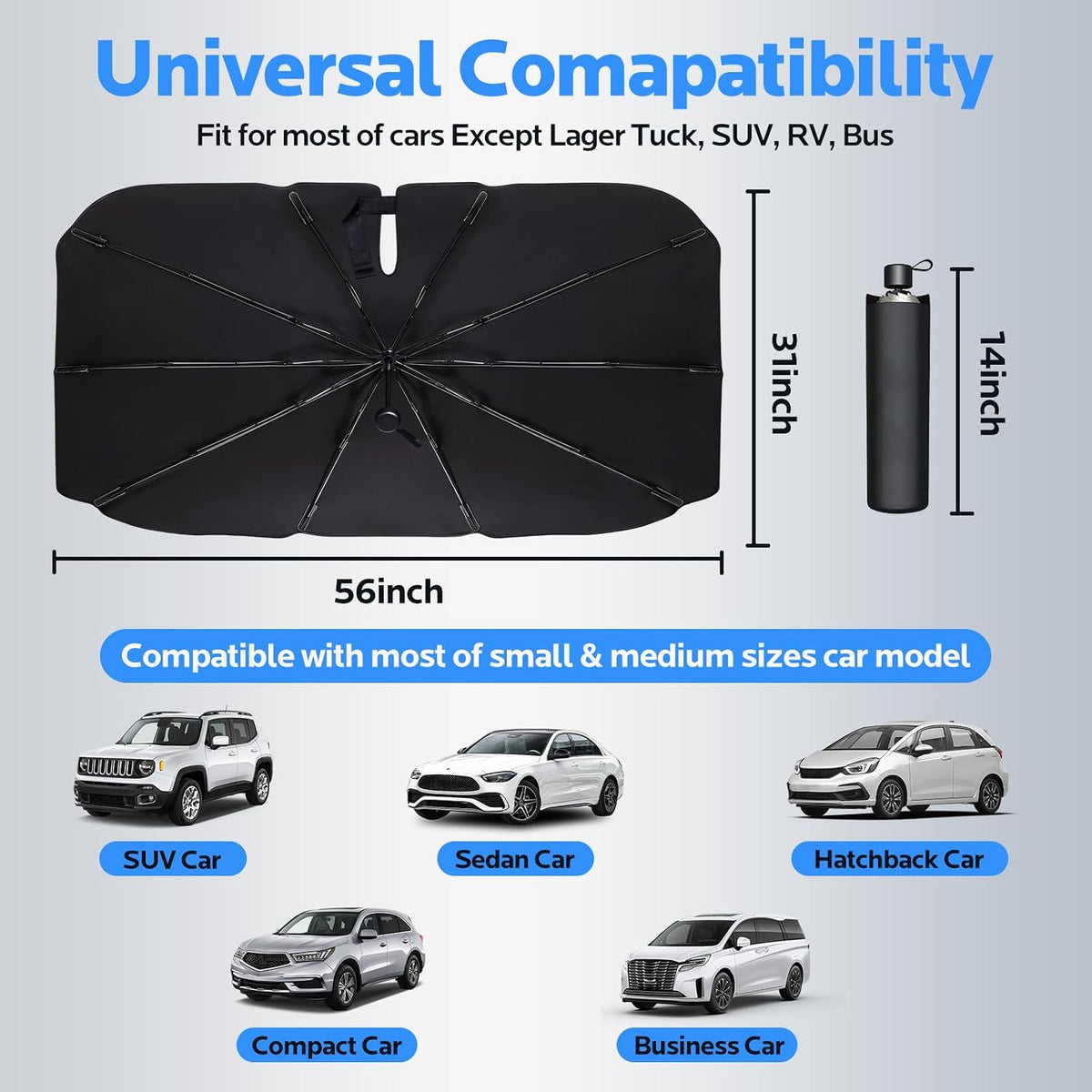 Sun Shade for Car Windshield:Windshield Sun Shade and 10 Skeletons,Protect Car from Sun Rays & Heat Damage Keep Cool and Protect Interior-56 L X 31" W