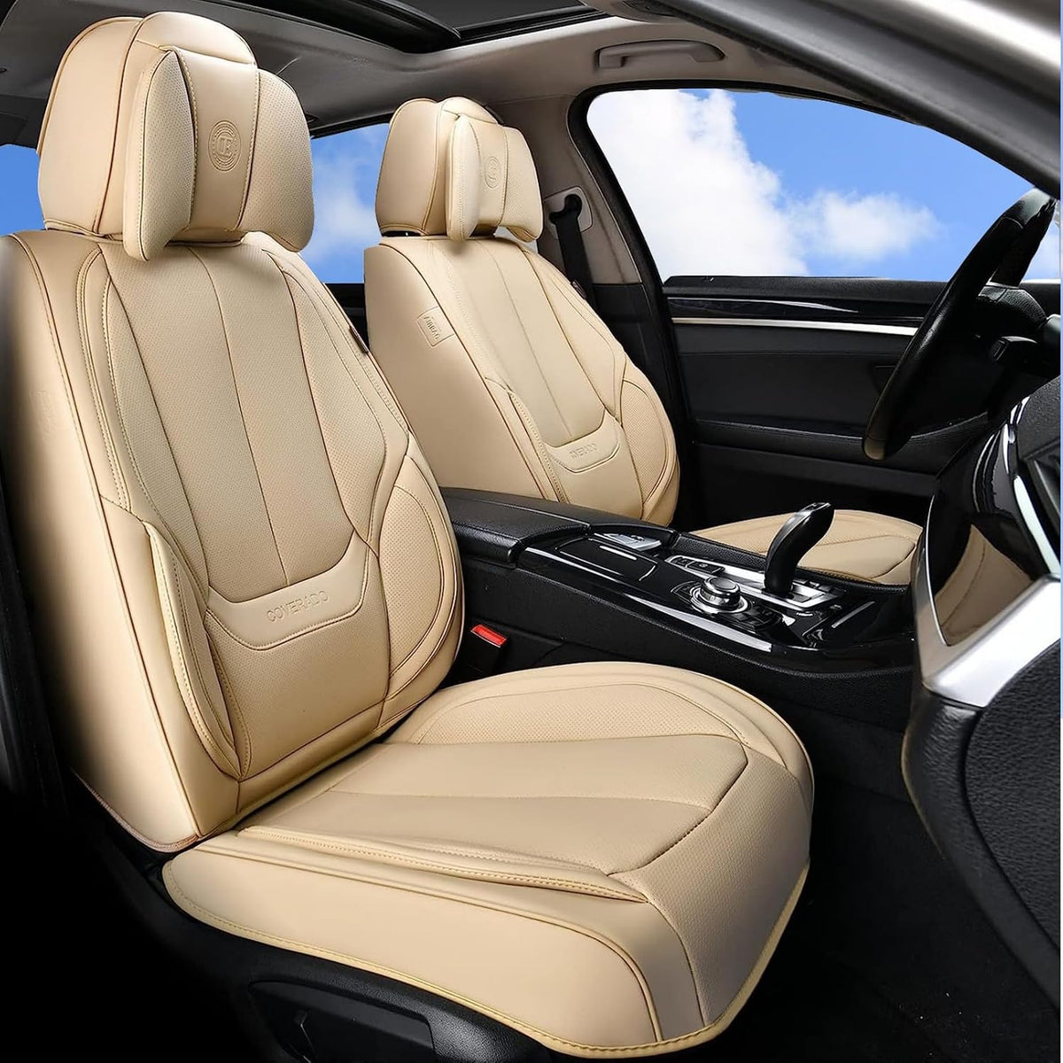 Coverado Universal Seat Covers Front, 2-Pack Universal Seat Covers for Cars, Waterproof Nappa Leather Car Seat Covers with Head Pillow, Auto Protectors Fit for Most Sedans SUV Pick-up Truck-Beige