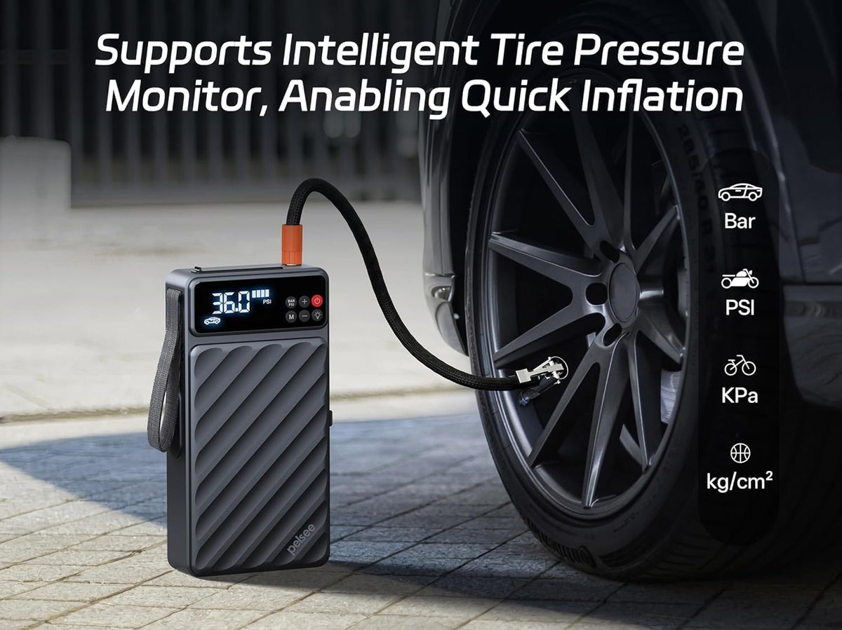 Pelsee 6000A Jump Starter with Air Compressor, Up to 10L Gas/8L Diesel Car Jump Box with 45W Fast Charge, Smart Tire Inflator & 800LM LED Light