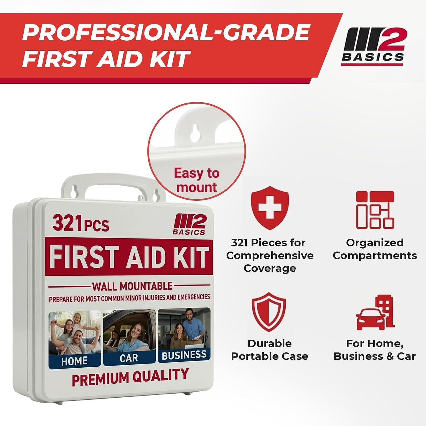 M2 BASICS 321 Piece Premium First Aid Kit, w/Hard Case for Home, Business | Office, Workplace, Warehouse, Vehicle, Jobsite, Garage, Family, Classroom, School, Kitchen, RV And Emergency Readiness