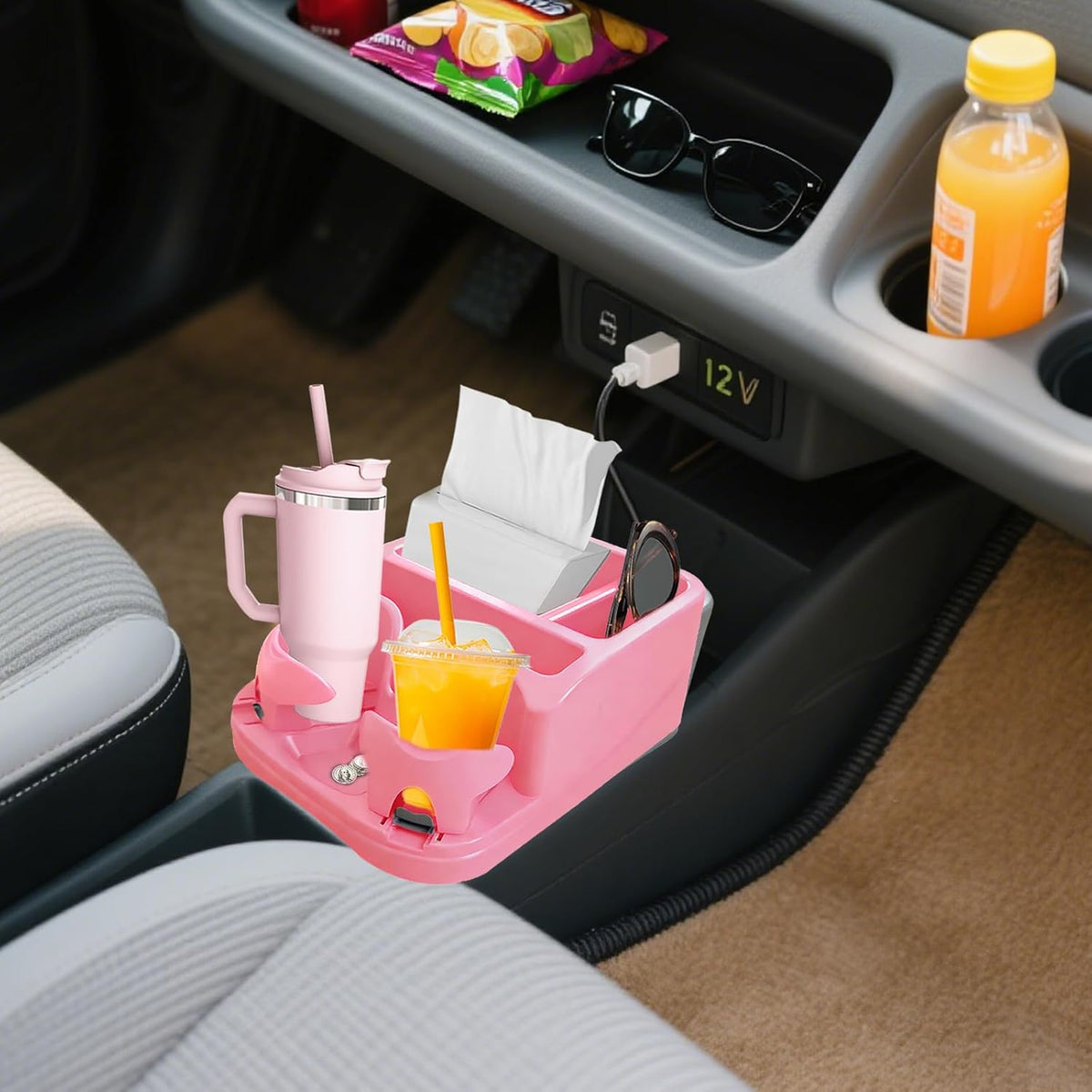 Car Center Console with Adjustable Cup Holders, Universal Center Console Organizer for Truck, Cars, Minivans, Suvs, Truck Floor Console, Bench Seat Center Console (Pink)
