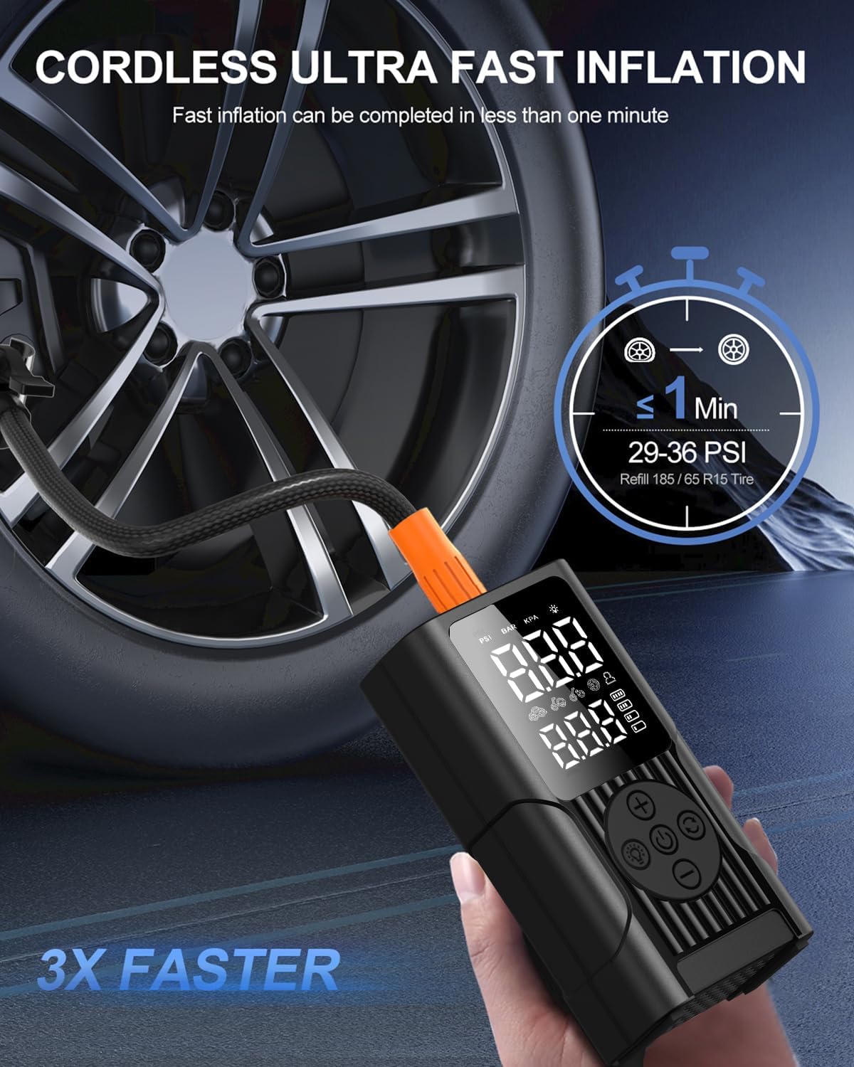 Hafuloky Tire Inflator Portable Air Compressor, 150PSI Cordless Air Pump with Digital Gauge & Auto Shut Off, Electric Bike Pump for Car, Motorcycle, Bicycle and Balls