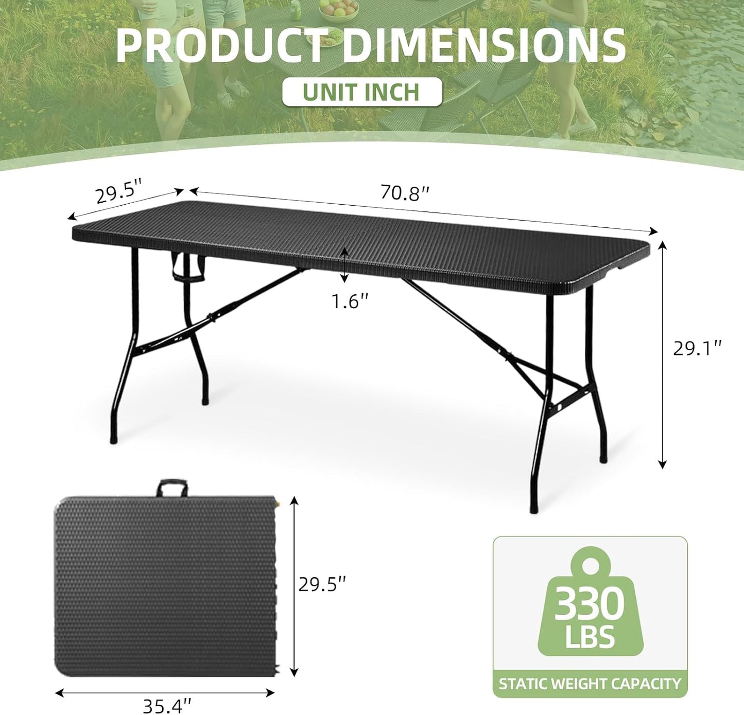 6FT Folding Table Portable Plastic Table with Carry Handle Fold-in-Half Utility Foldtable Table Black Ratten for Outdoor Party,Dining,Wedding,Camping,Picnic,Events