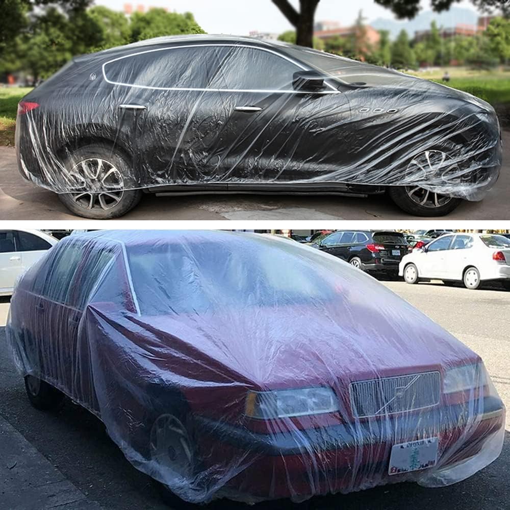 4 Packs Disposable Car Cover Clear Plastic Car Cover Universal Rain Dust Garage Cover with Elastic Band Medium (12 ft x 22 ft)