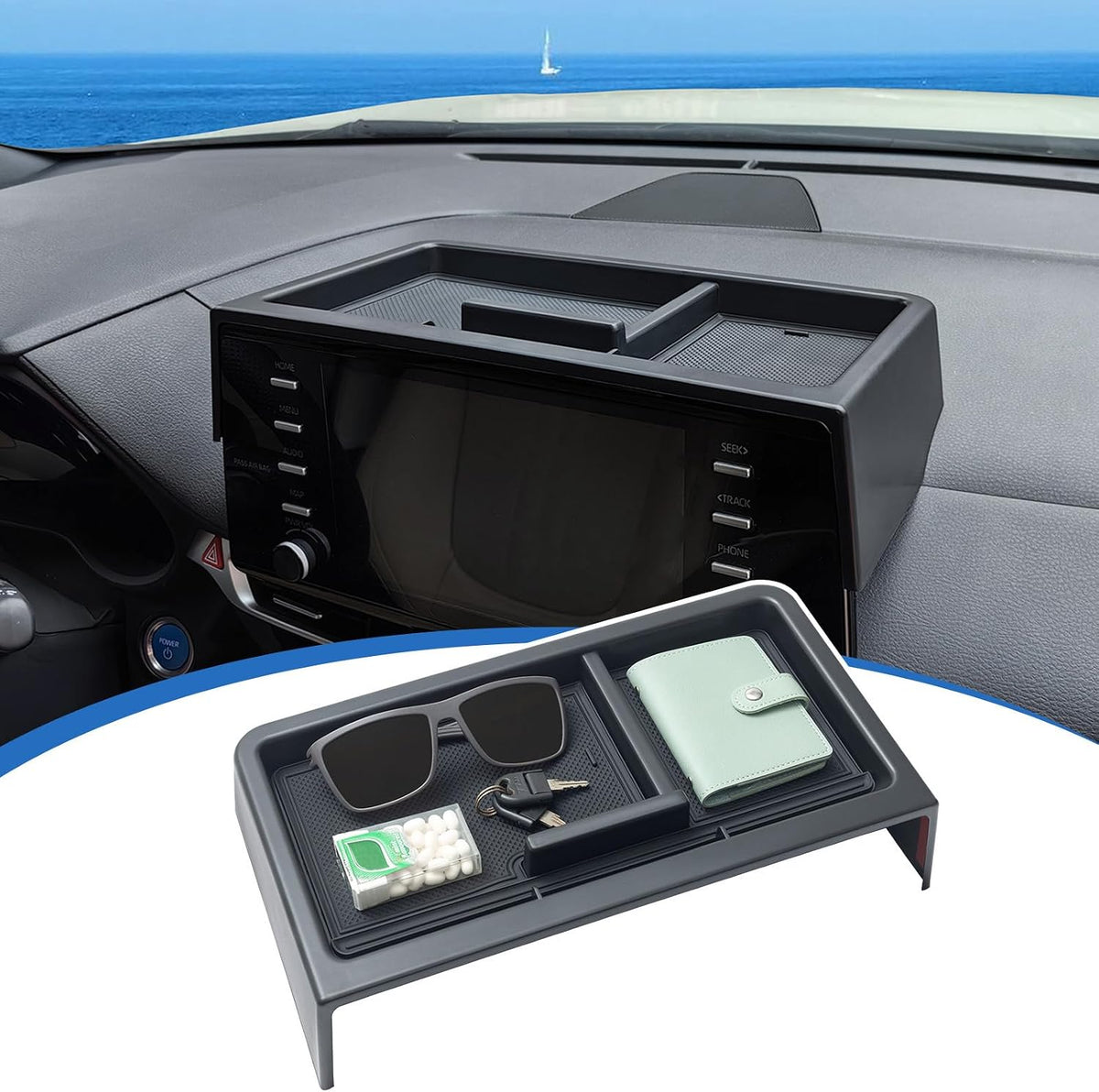TOPINSTALL 21-24 New Dash Tray Compatible with 2021-2024 Toyota Sienna Interior Accessories, Dashboard Hidden Storage Organizer Behind Screen Tissue Sunglasses Phone Holder (Not for 2025)