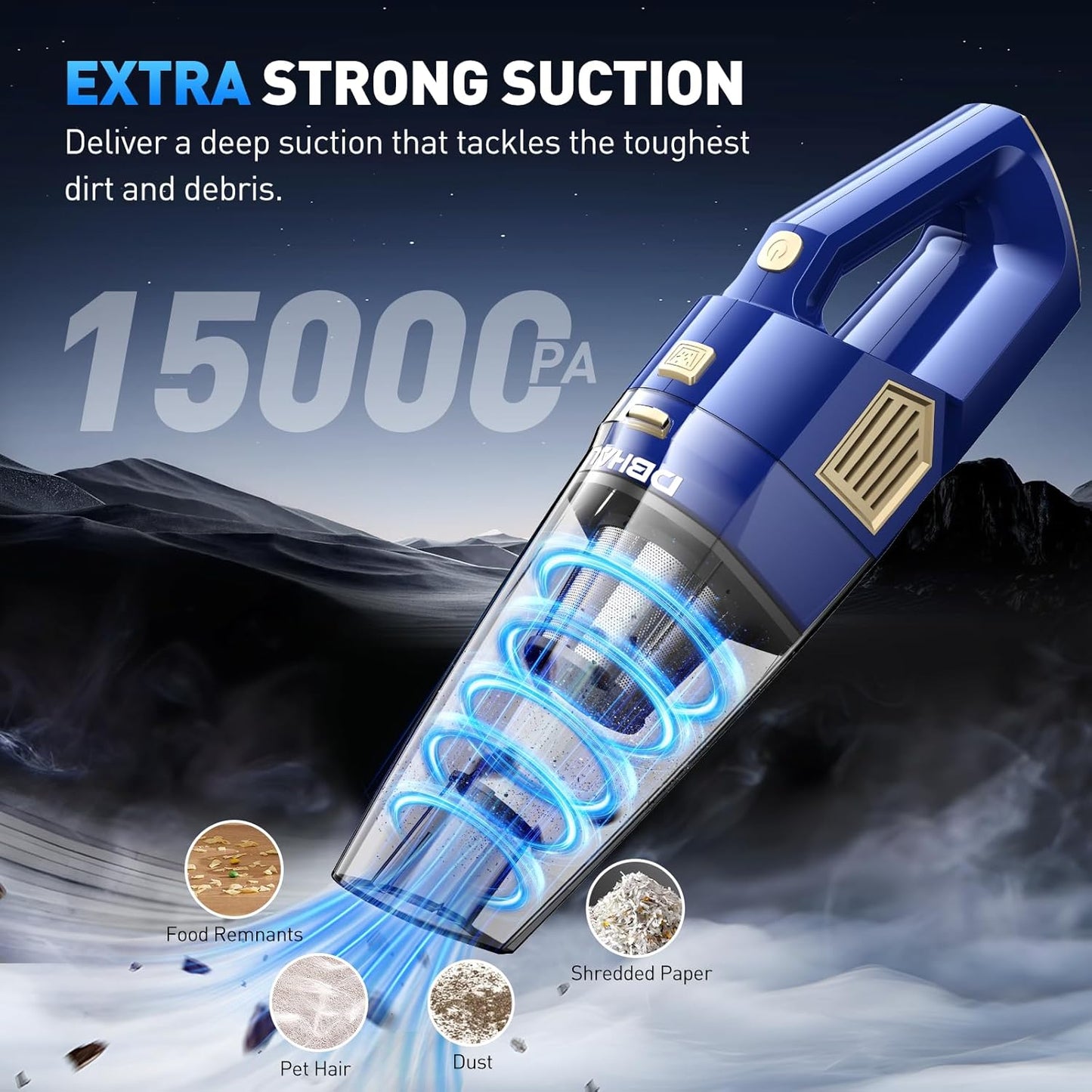 Handheld Vacuum Cordless, 15000PA Powerful Suction Car Vacuum Cleaner Lightweight with Multi Accessories, Hand held Vacuum Cleaner Dust Busters Cordless Rechargeable for Car Home