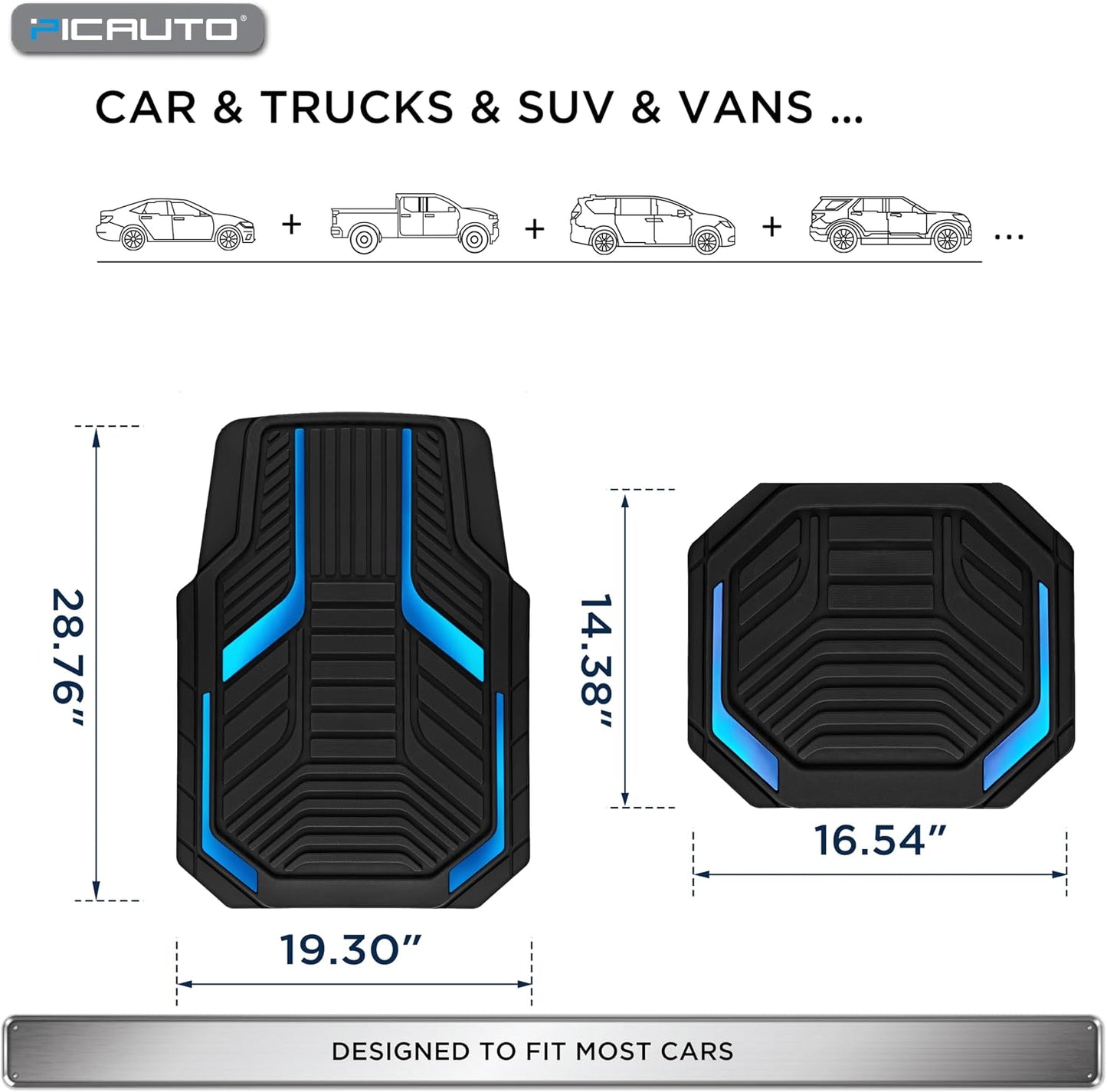PIC AUTO Heavy Duty Rubber Floor Mats, Blue Aluminum Film Car Mats Set, Front and Rear Car Mats with Anti-Slip Backing, All Weather Protection, Trim-to-Fit for Automotive SUV, Sedan, Van
