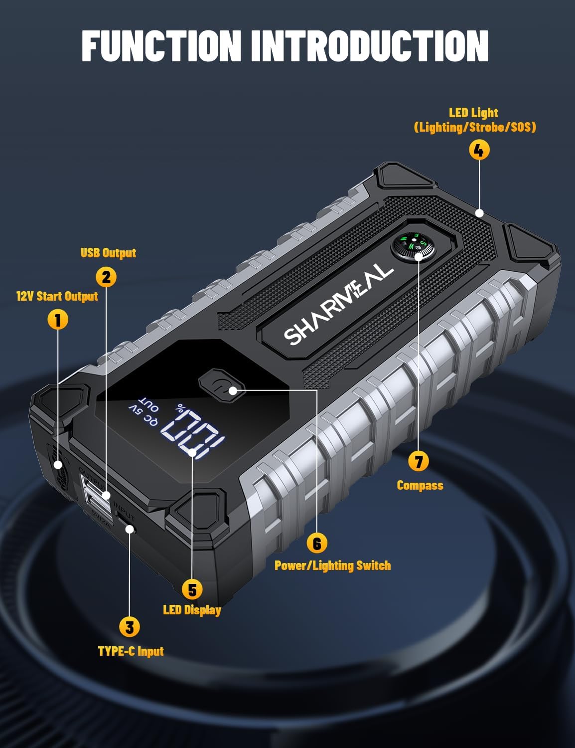 Sharmeal Car Jump Starter 7000A, Jump Starter Battery Pack for All Gas and 12.0L Diesel, 12V Portable Jump Box with LED Light