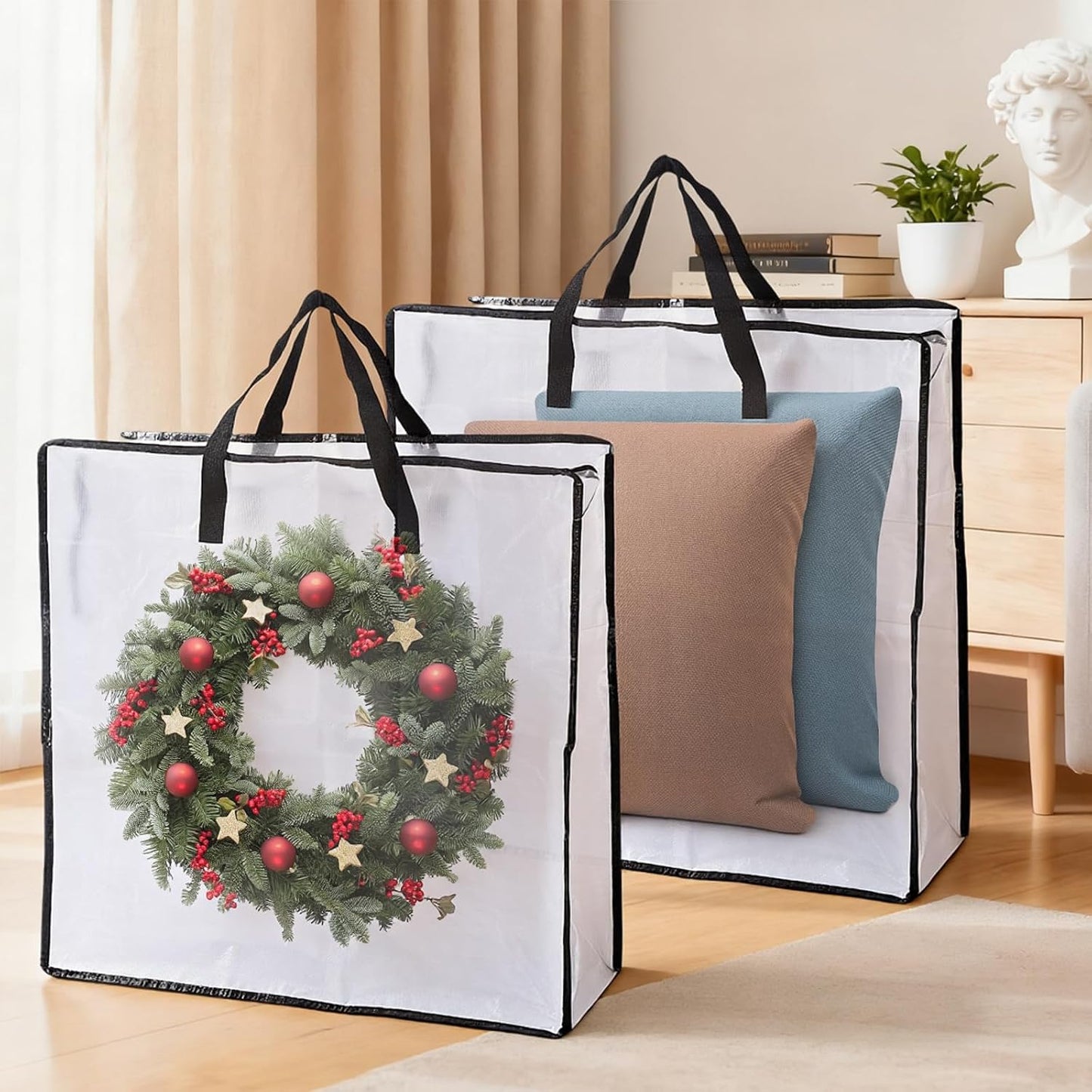 3-Pack 25-Inch Wreath Organizers for Christmas and Holiday Storage | Three clear storage bags hold wreaths and seasonal decor with reinforced handles, sturdy zippers and foldable design.