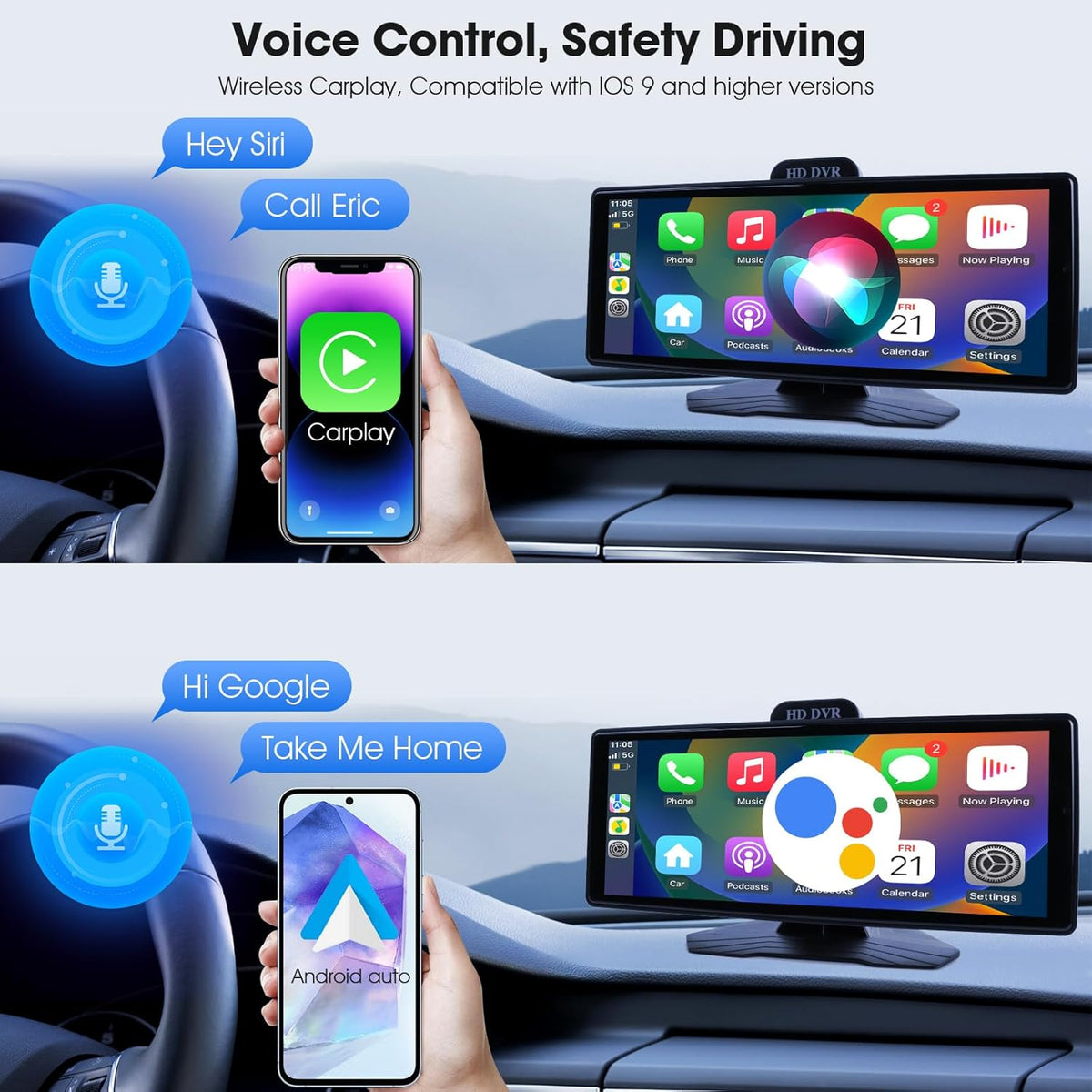 Haudio 10.26" Portable Wireless Apple CarPlay Screen for Car, Wireless Android Auto Touch Screen with 1080P Dash Cam & Backup Camera, GPS Navigation, Bluetooth 5.0, Voice Control, FM, Plug and Play