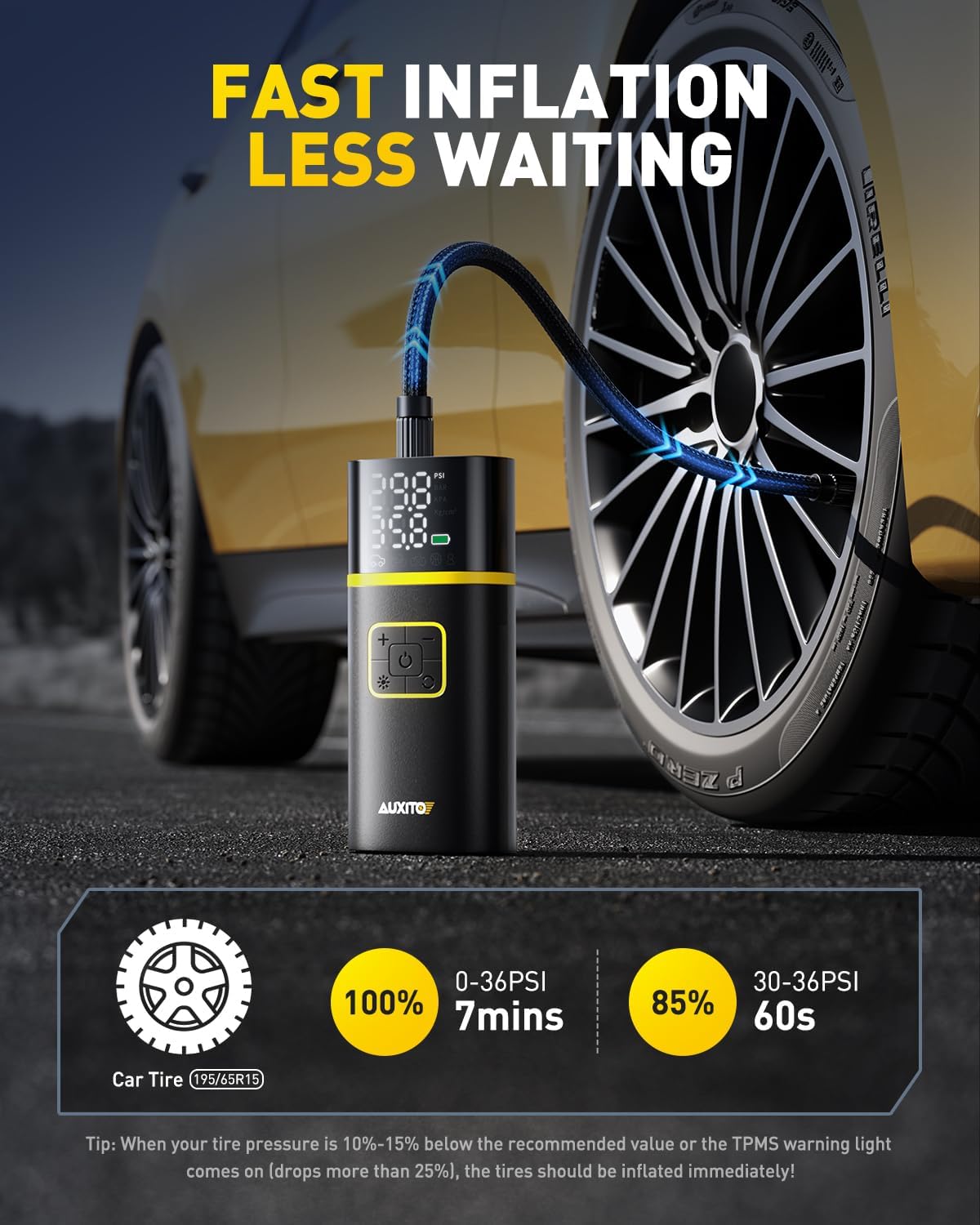 AUXITO Tire Inflator Portable Air Compressor - 150PSI Bike Pump 1Min Fast Inflate with Tire Pressure Gauge, 5200 mAh, LED Light, Car Accessories Air Pump for Auto, Moto, Bike Car Gifts for Men