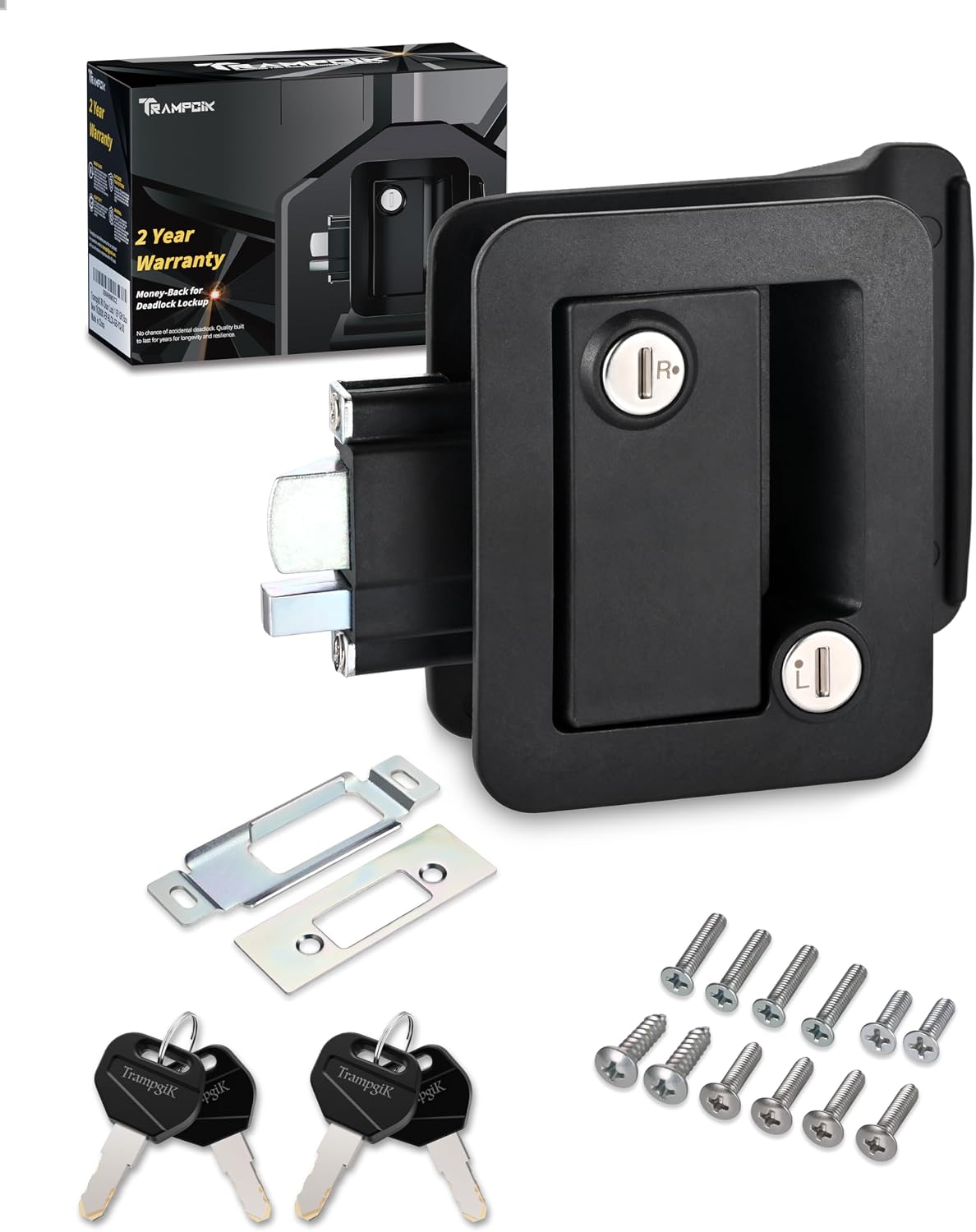 Engineering Plastic Camper Door Lock, RV Door Lock Replacement, Fit 3.65" x 2.95" Hole, for Motorhome,RV Camper,Entrance Front Door, 1 Lock+4 Key Aliked