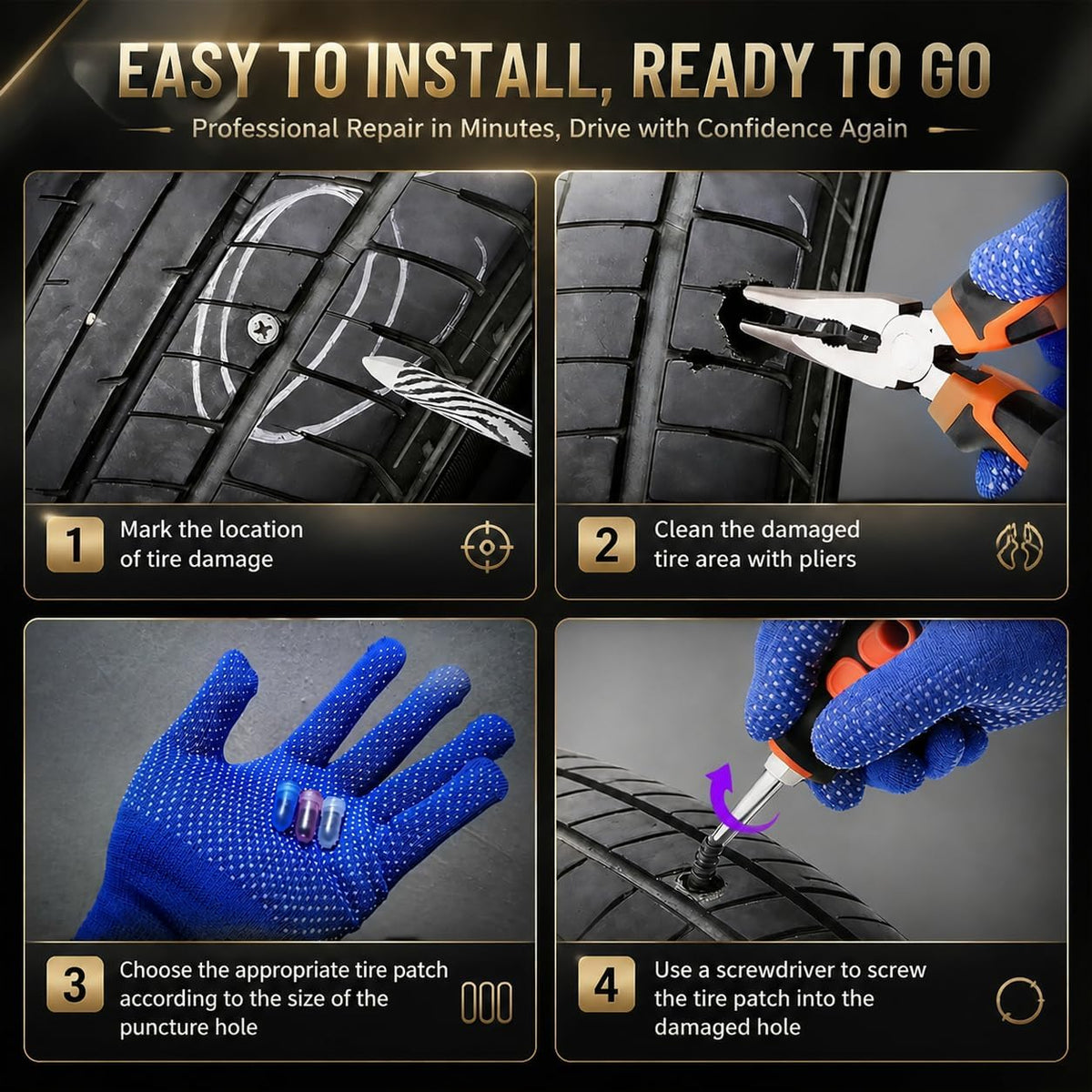 100PCS tire Repair Rubber Nail kit,Fix Without Tire Removal,Three Sizes tire Screw Plugs Tread Repair for Car,Truck,Motorcycle,SUV,Includes Tools Portable Case.